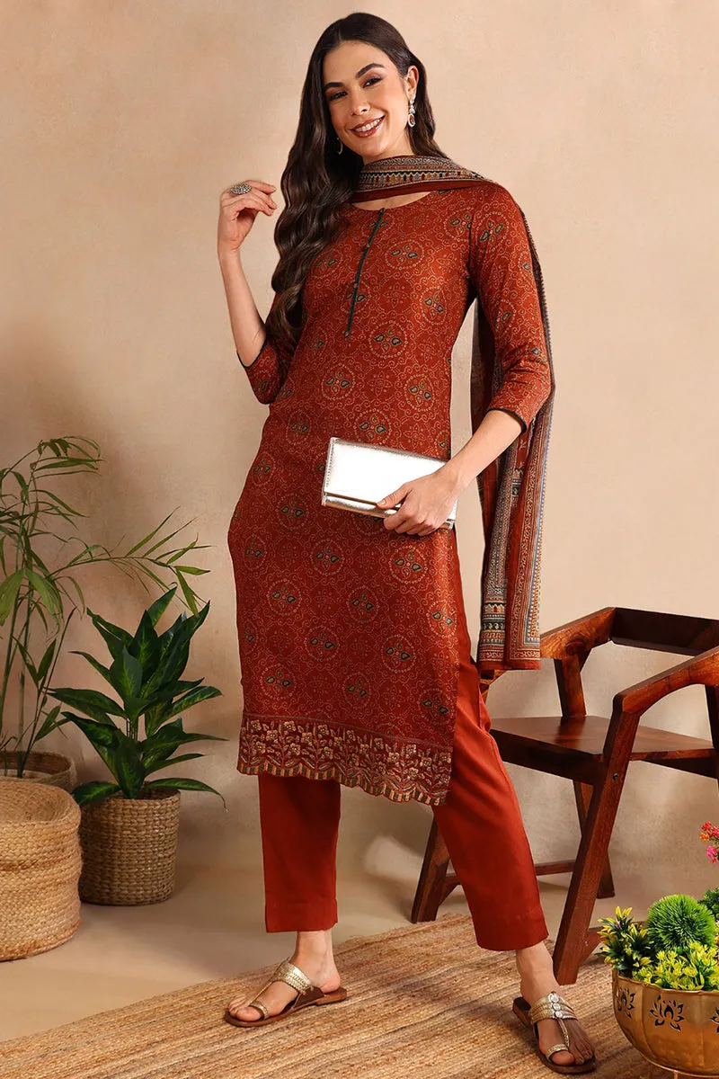 Burnt Orange Silk Blend Straight Suit Set VKSKD1797