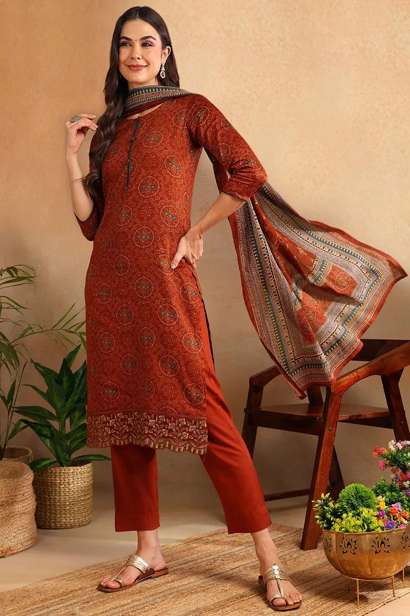 Burnt Orange Silk Blend Straight Suit Set VKSKD1797