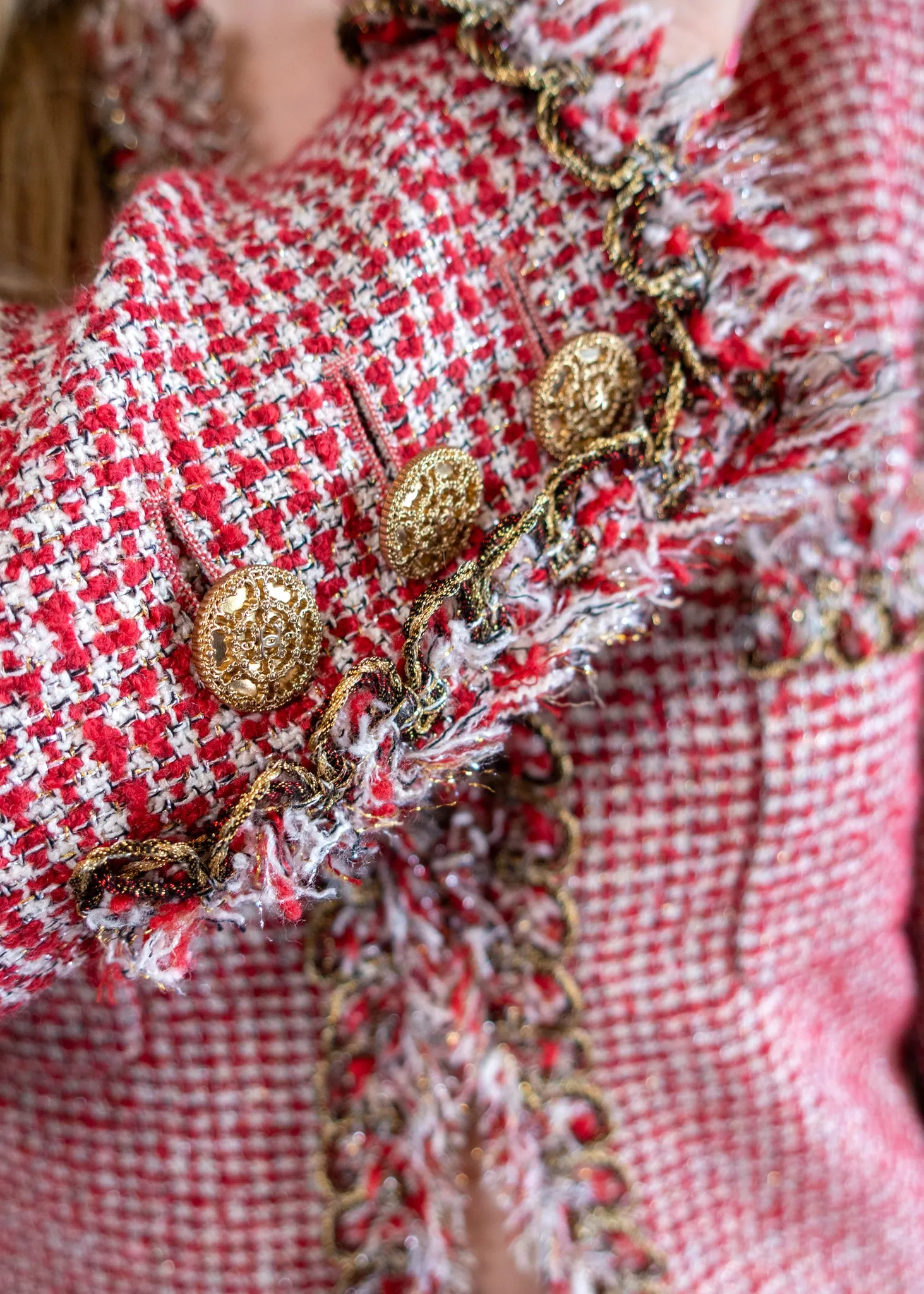 Chanel Red Ivory and Metallic Gold Tweed Jacket