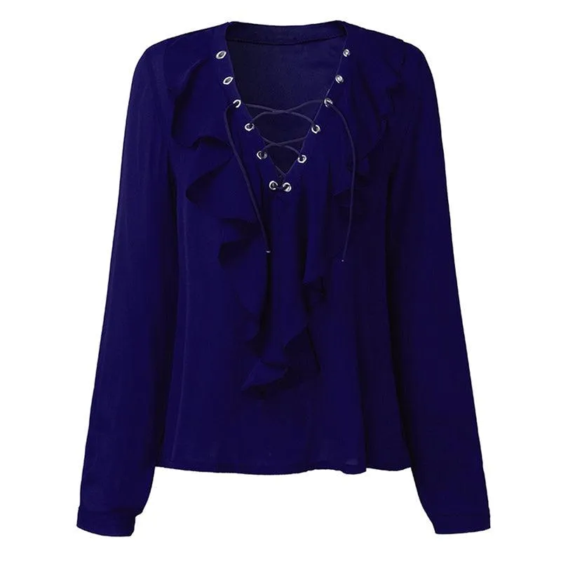 CHIFFON RUFFLED COLLAR LACE-UP TOP