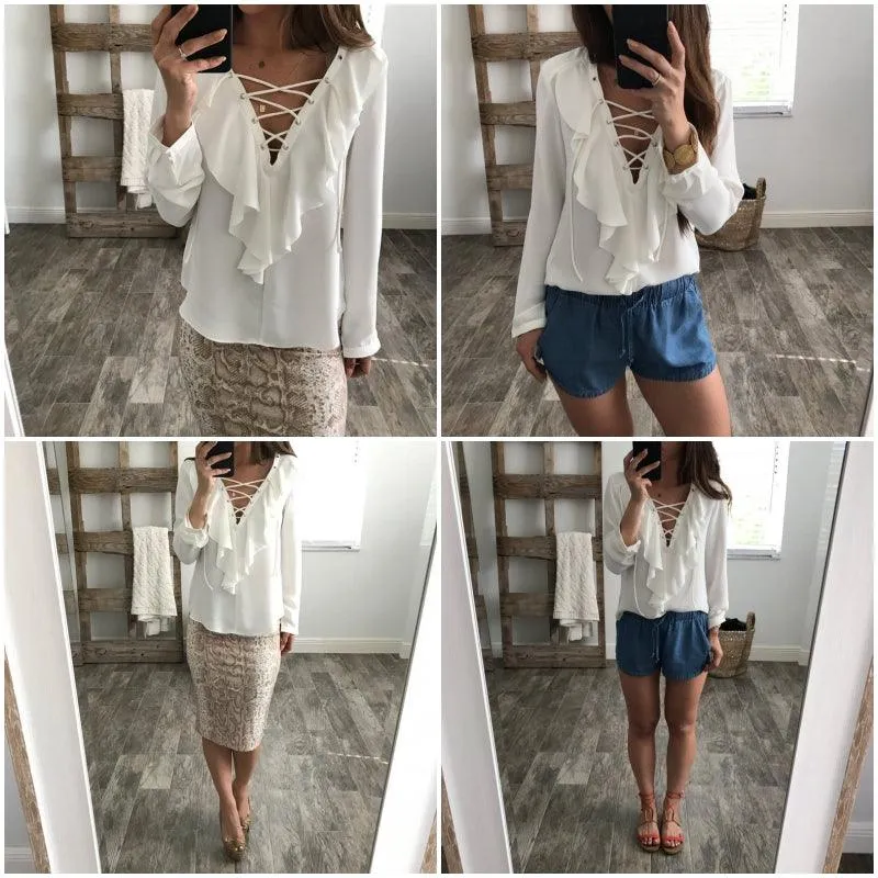 CHIFFON RUFFLED COLLAR LACE-UP TOP