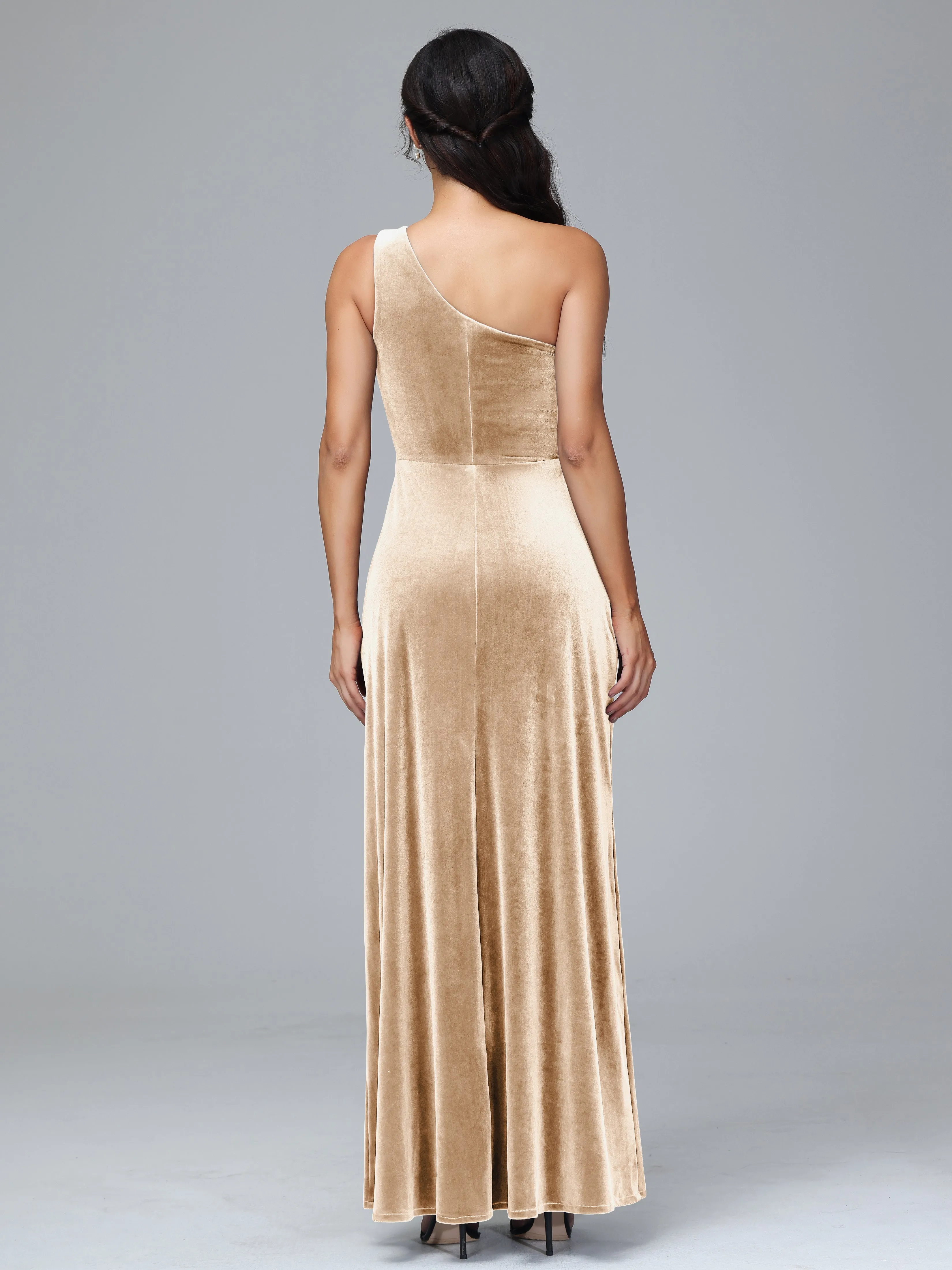 Column One Shoulder Zipper Velvet Bridesmaid Dresses