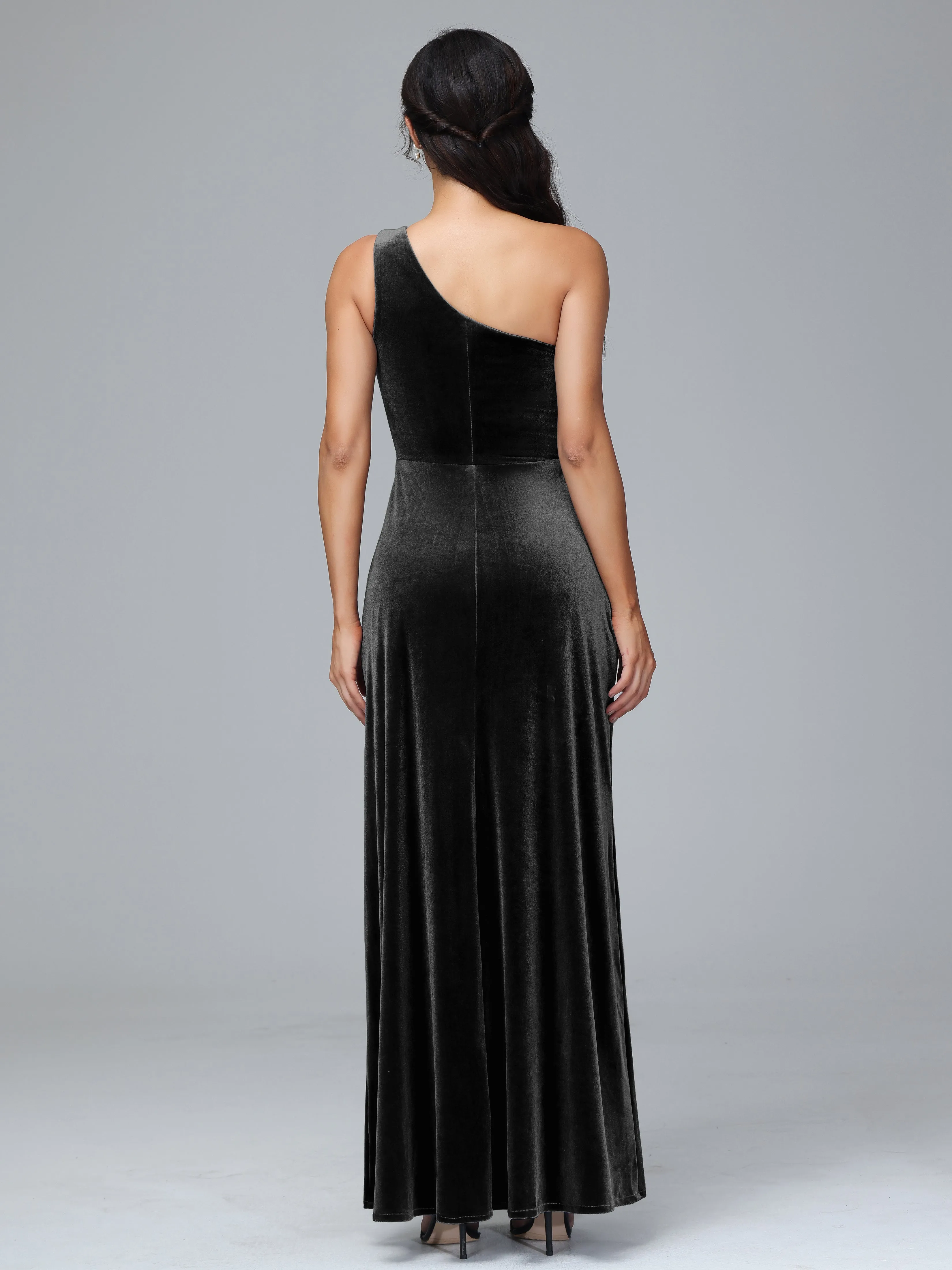 Column One Shoulder Zipper Velvet Bridesmaid Dresses