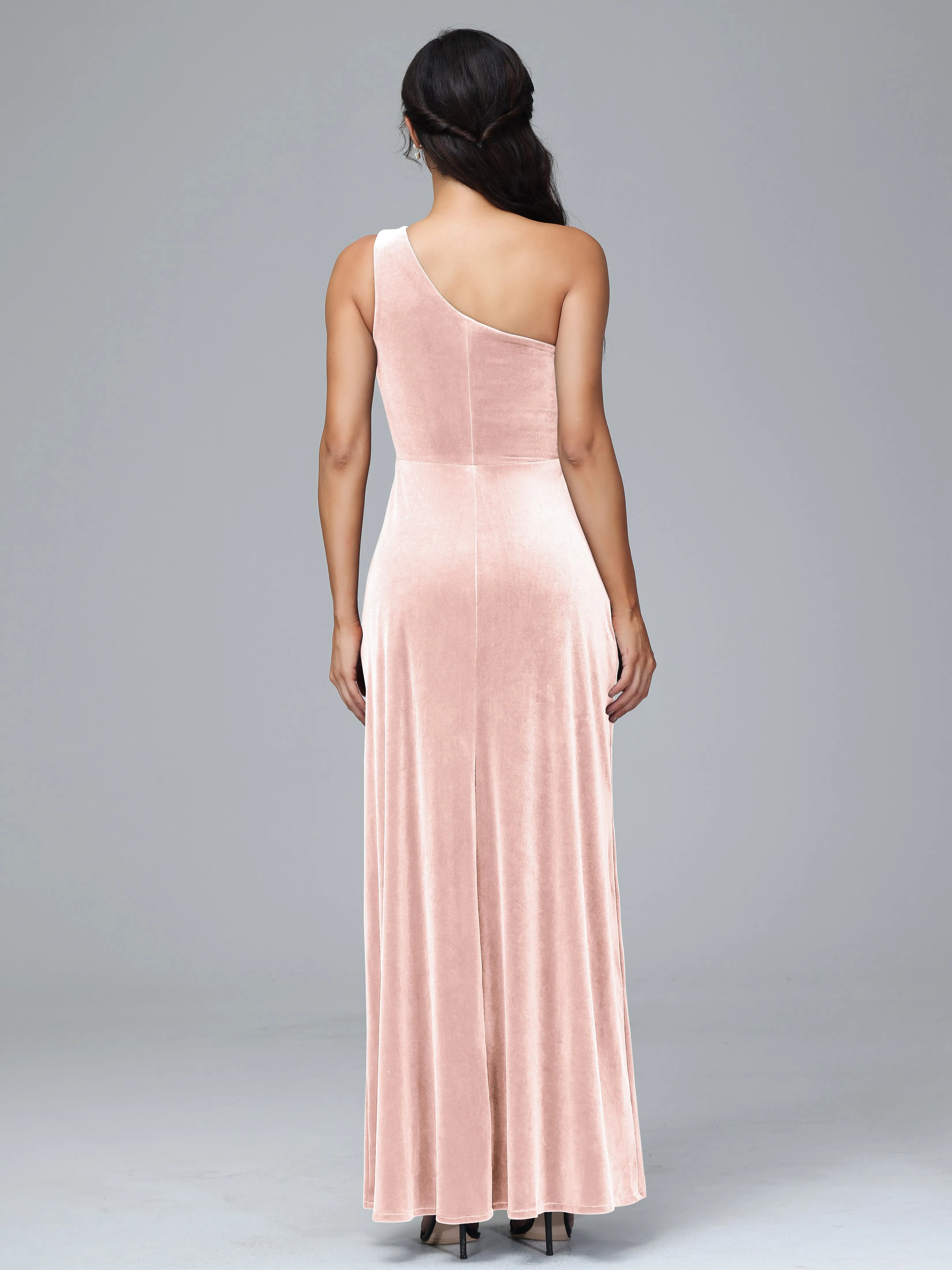 Column One Shoulder Zipper Velvet Bridesmaid Dresses