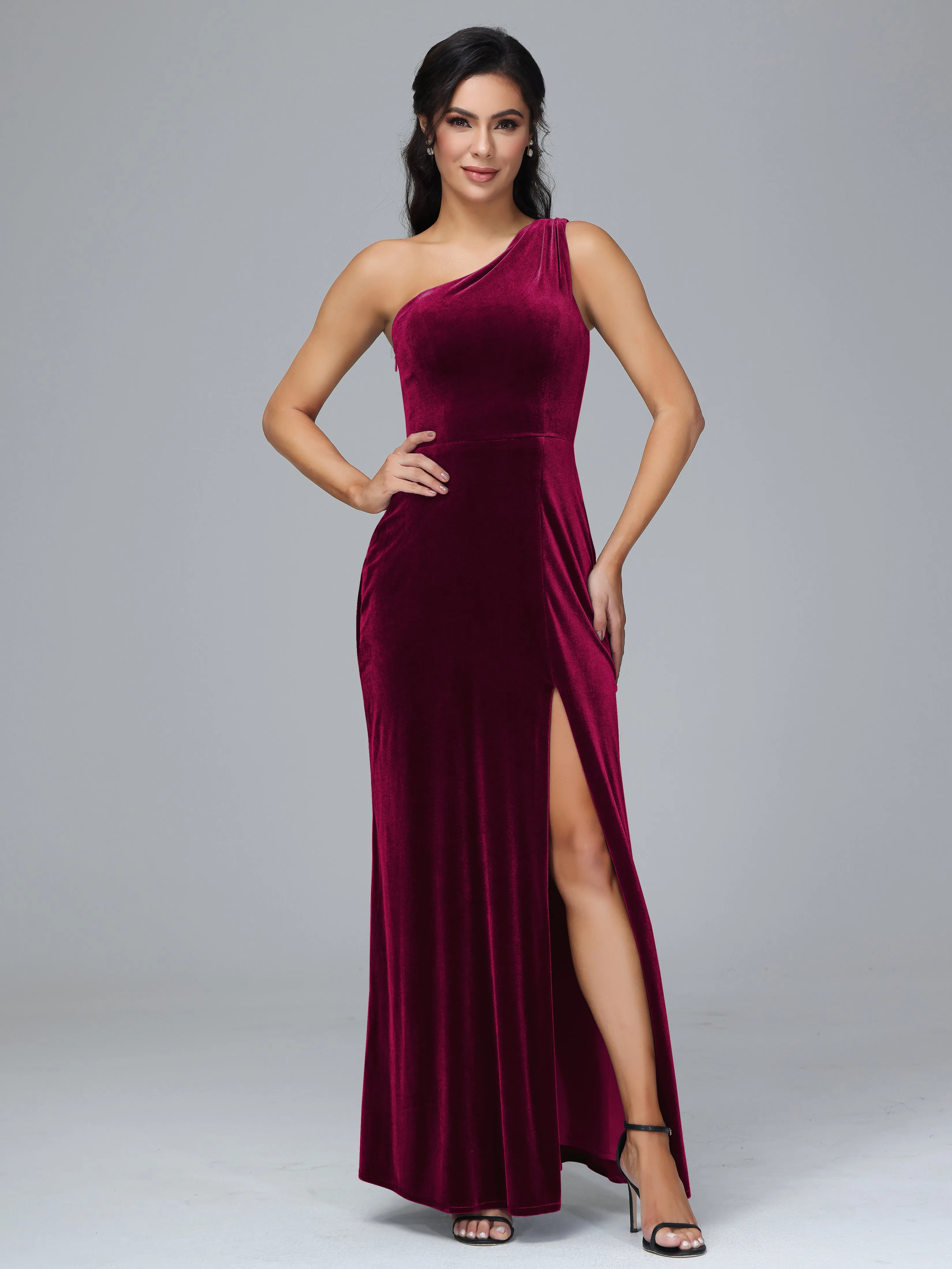 Column One Shoulder Zipper Velvet Bridesmaid Dresses