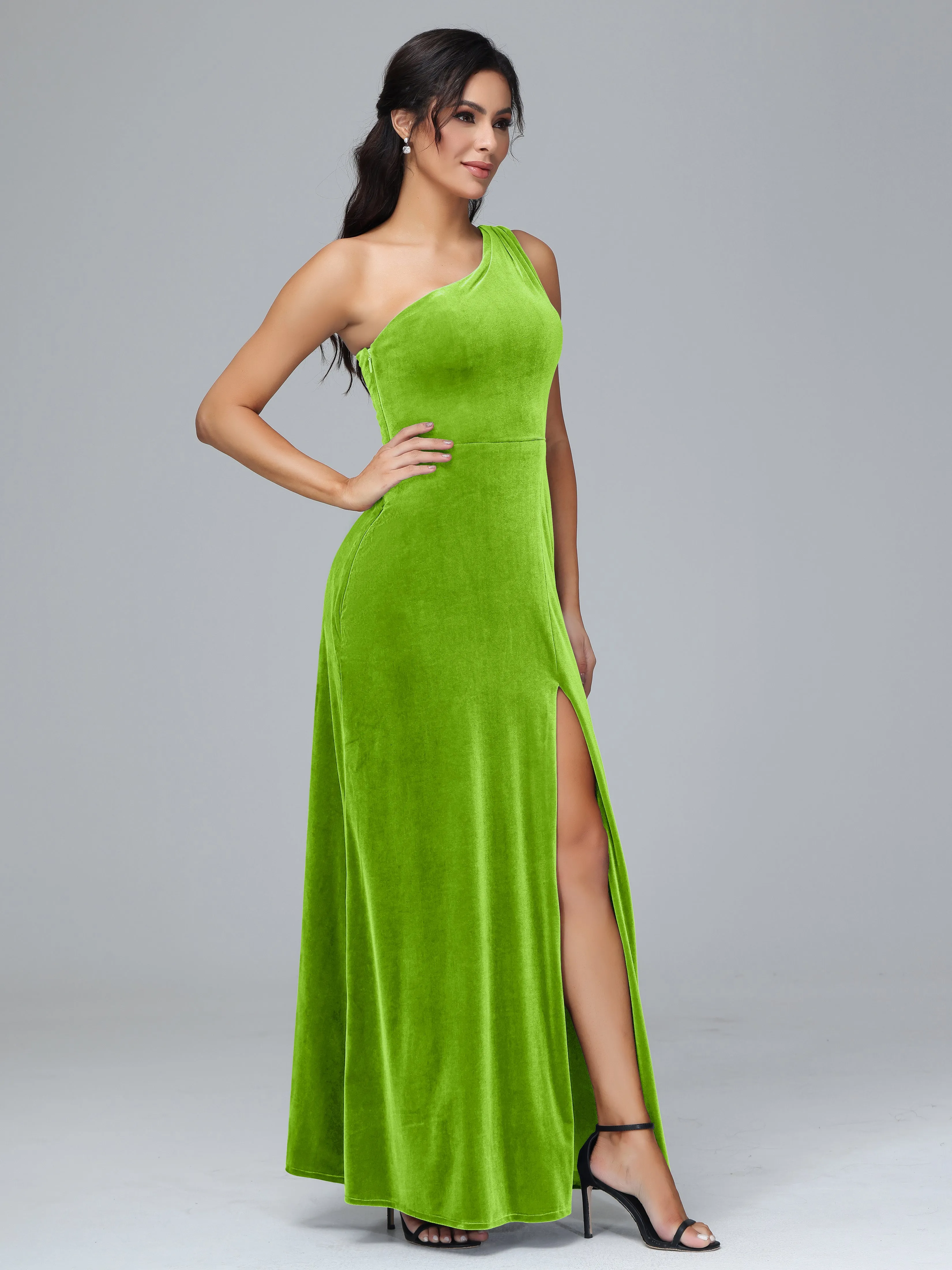 Column One Shoulder Zipper Velvet Bridesmaid Dresses