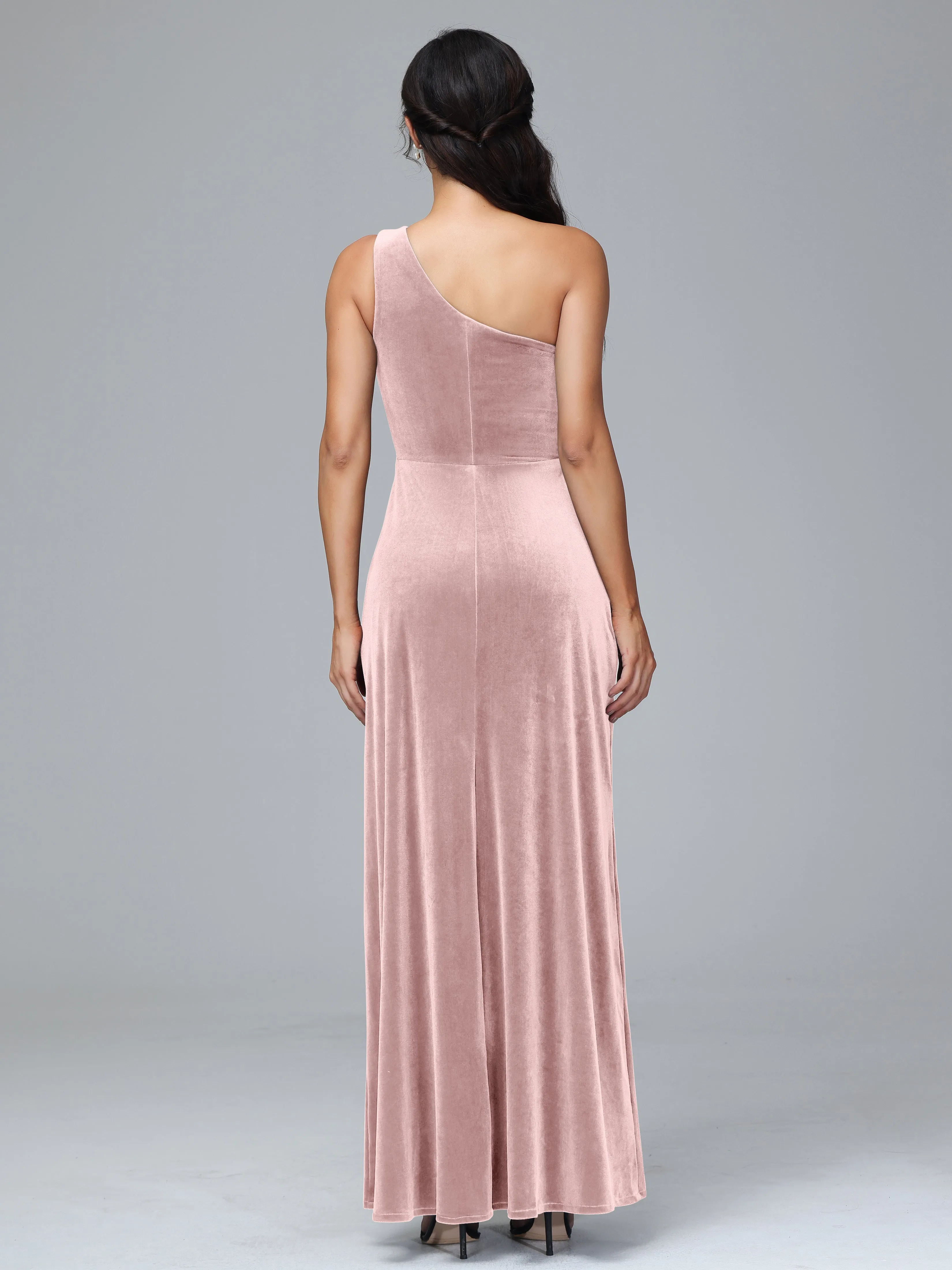 Column One Shoulder Zipper Velvet Bridesmaid Dresses