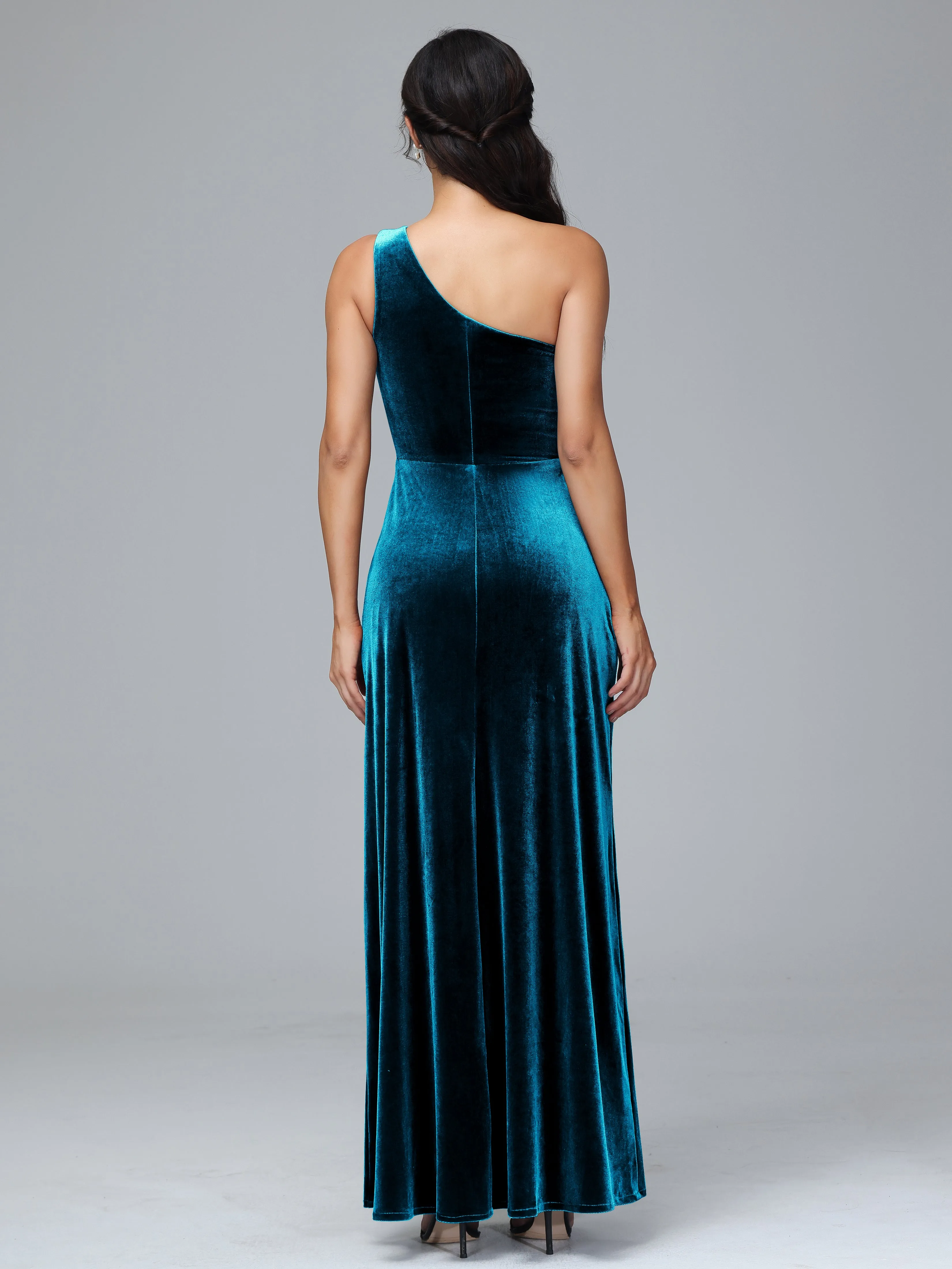 Column One Shoulder Zipper Velvet Bridesmaid Dresses