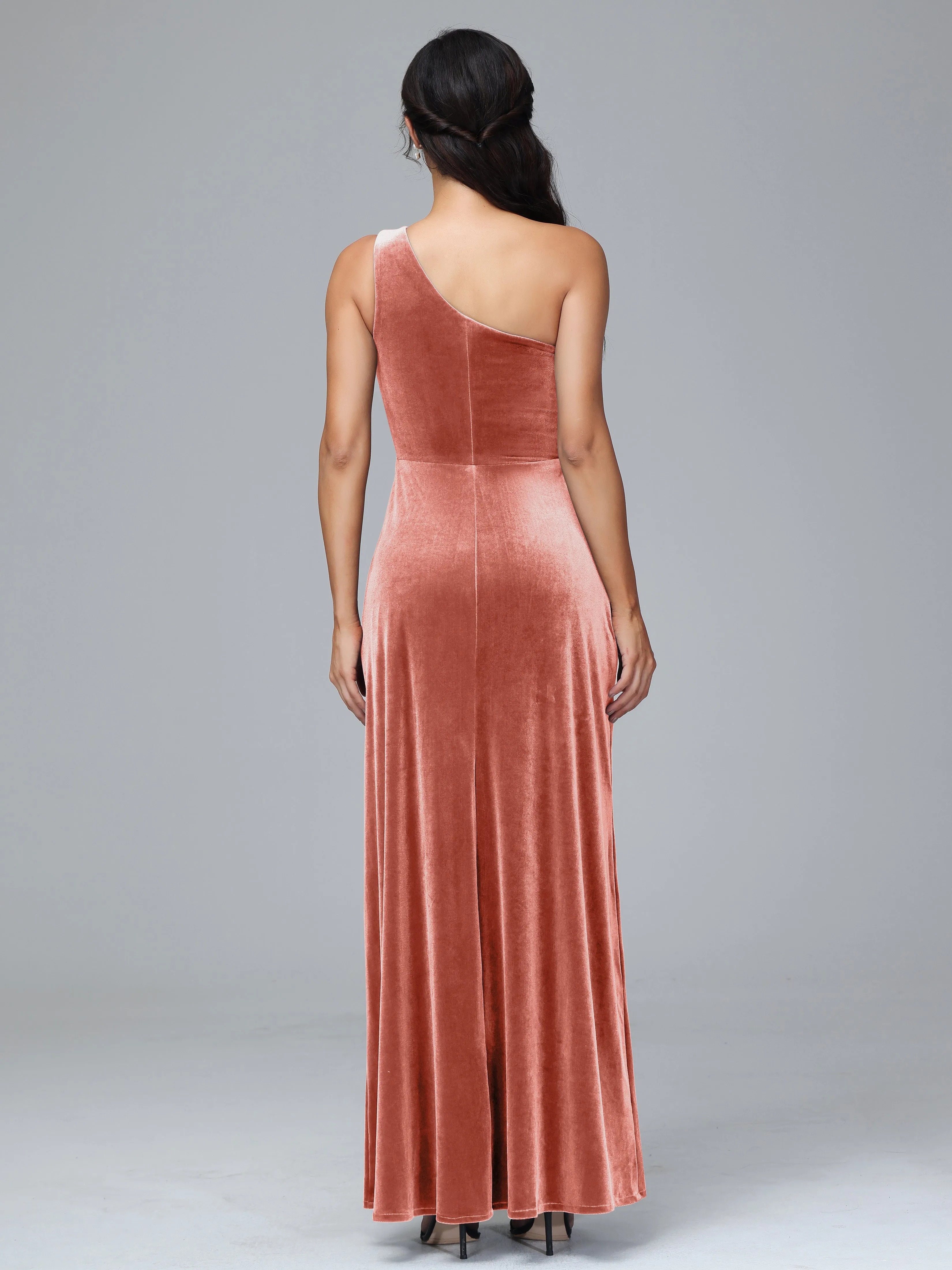 Column One Shoulder Zipper Velvet Bridesmaid Dresses