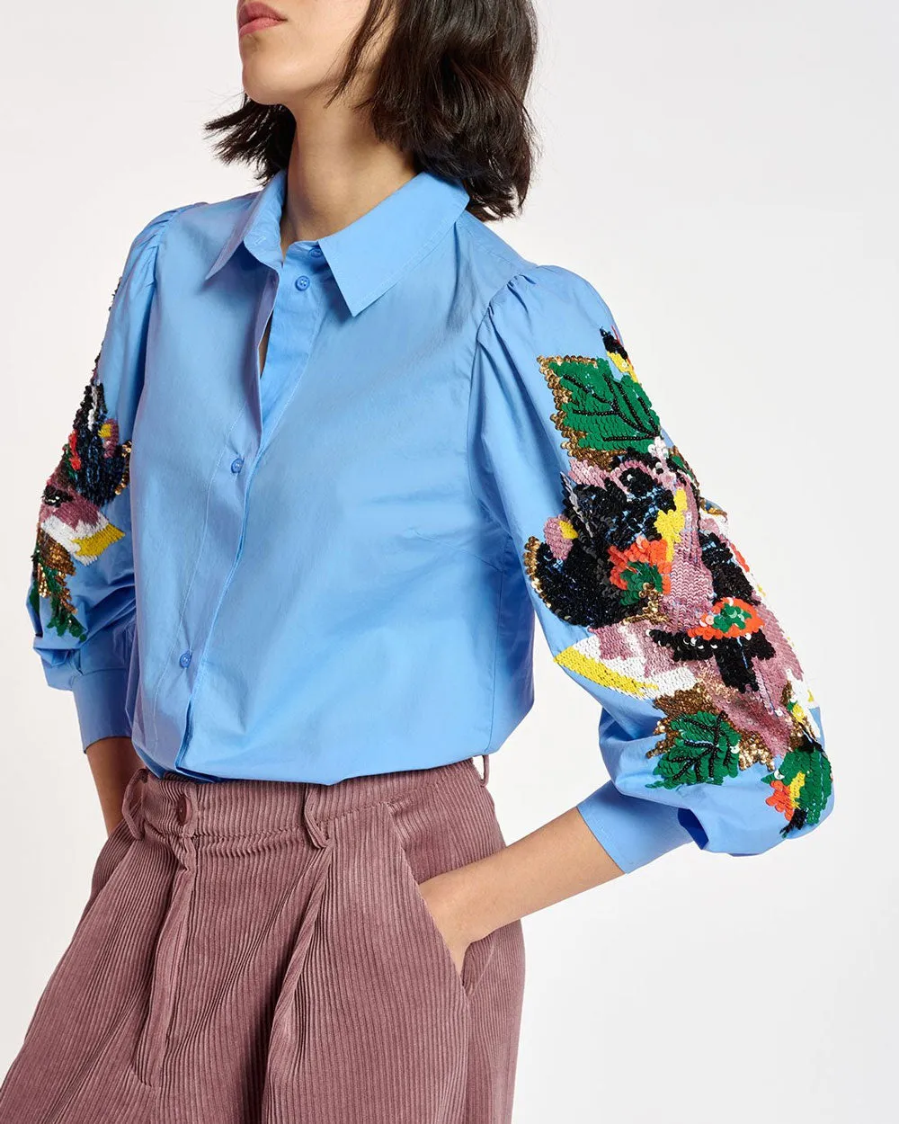 Cool Blue Embellished Carnet Puff Sleeve Shirt