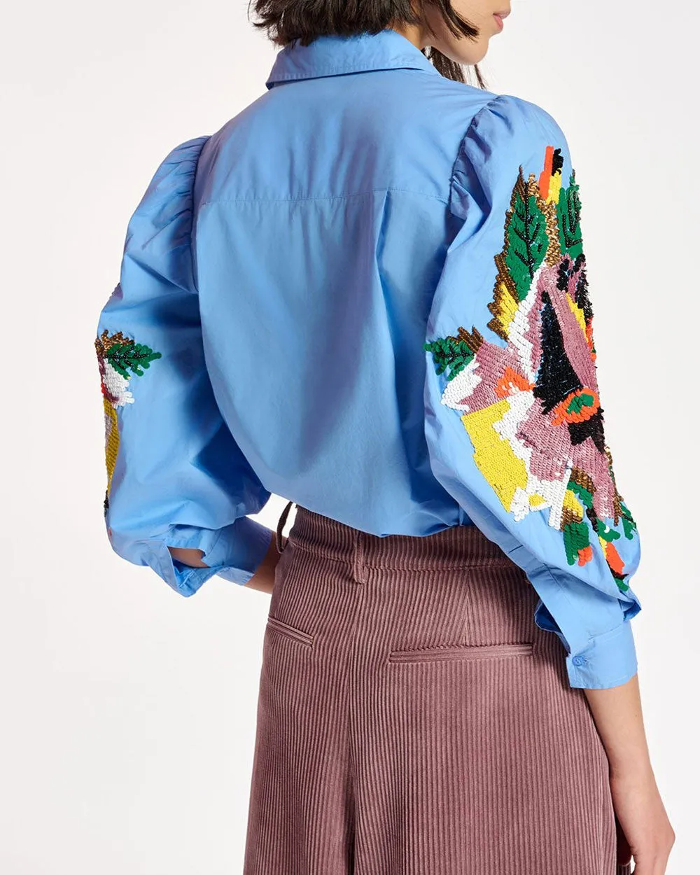 Cool Blue Embellished Carnet Puff Sleeve Shirt