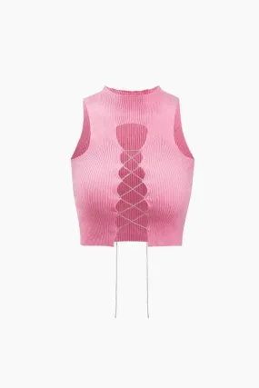 Cut Out Rhinestone Tie Tank Top