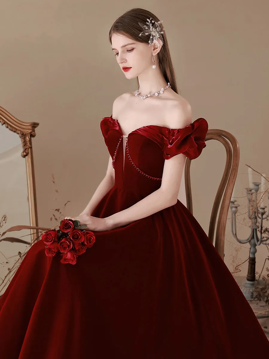 Delicate Maroon Velvet Off The Shoulder Prom Dress Grauduation Dress