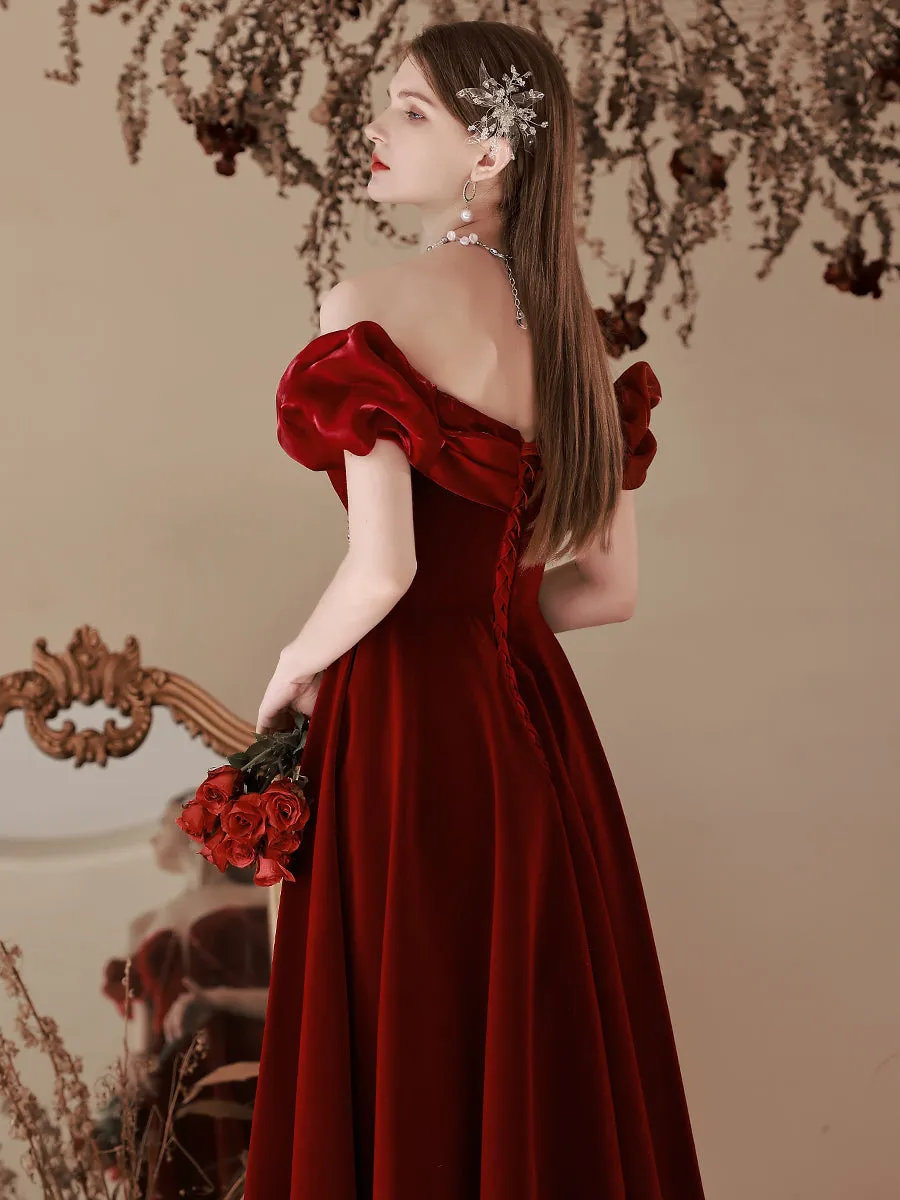 Delicate Maroon Velvet Off The Shoulder Prom Dress Grauduation Dress