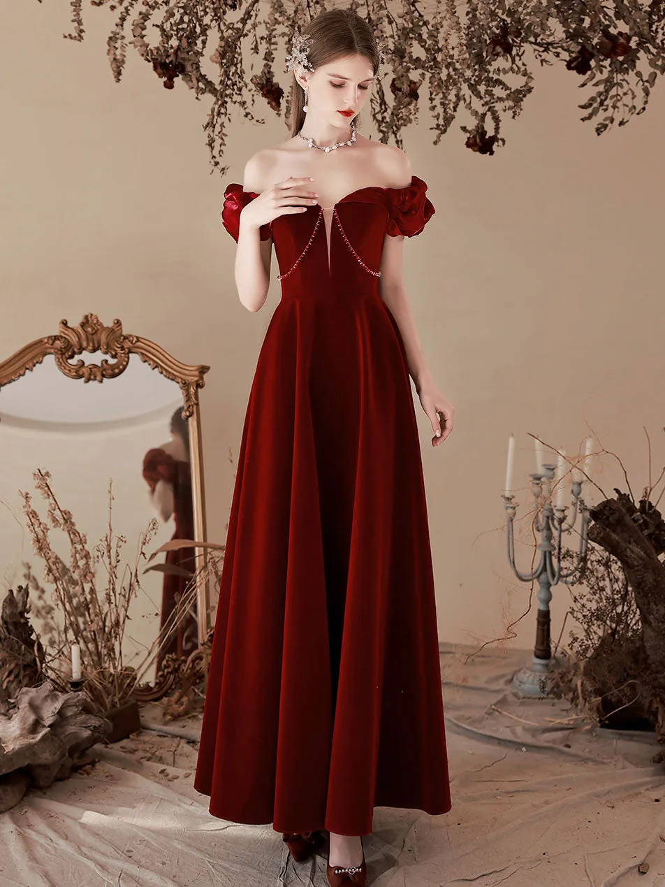 Delicate Maroon Velvet Off The Shoulder Prom Dress Grauduation Dress