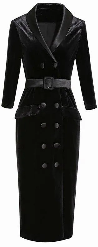 Double-Breasted Belted Velvet Midi Dress, Black