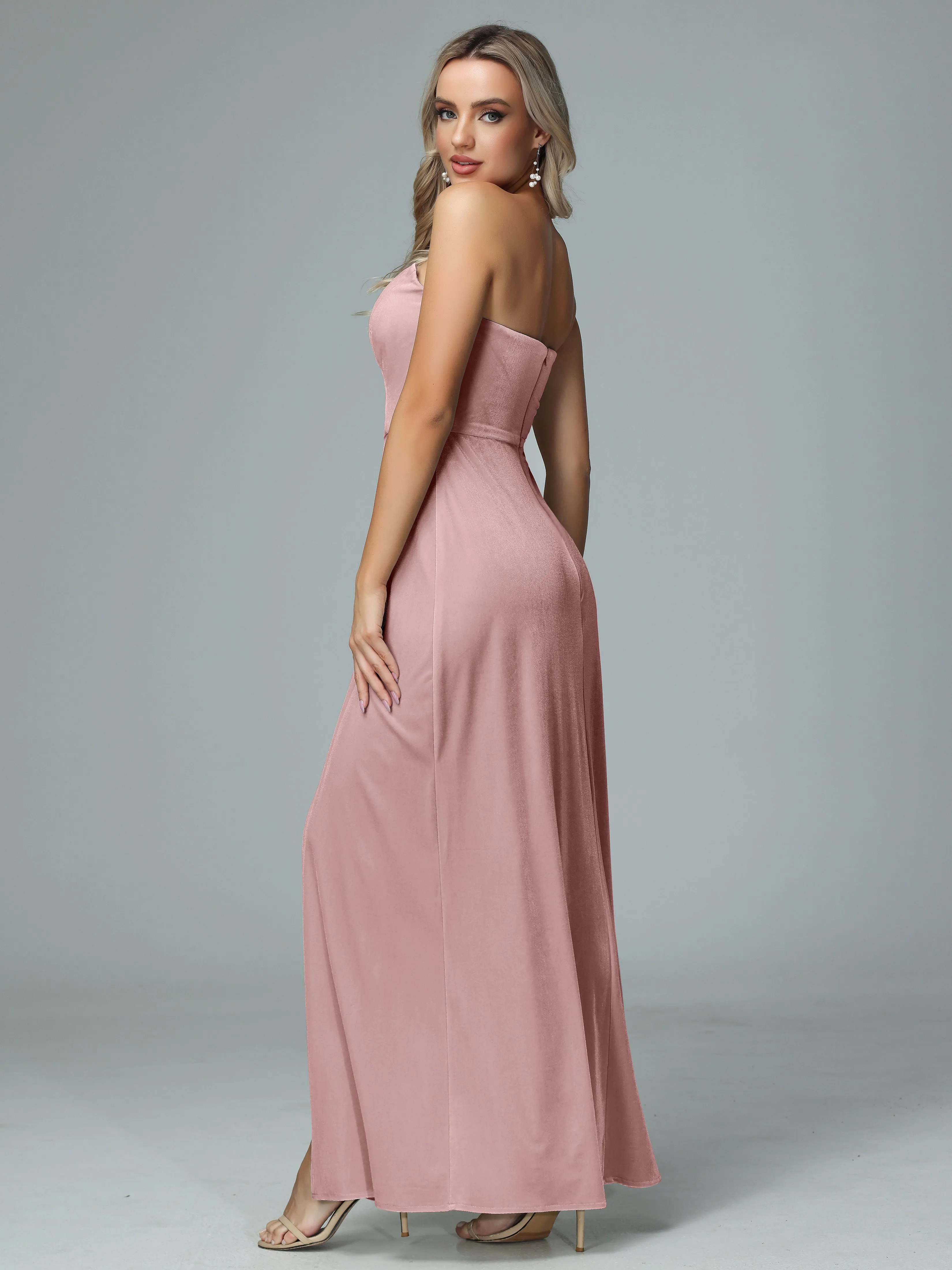 Elegant Strapless Velvet Bridesmaid Dresses with Slit