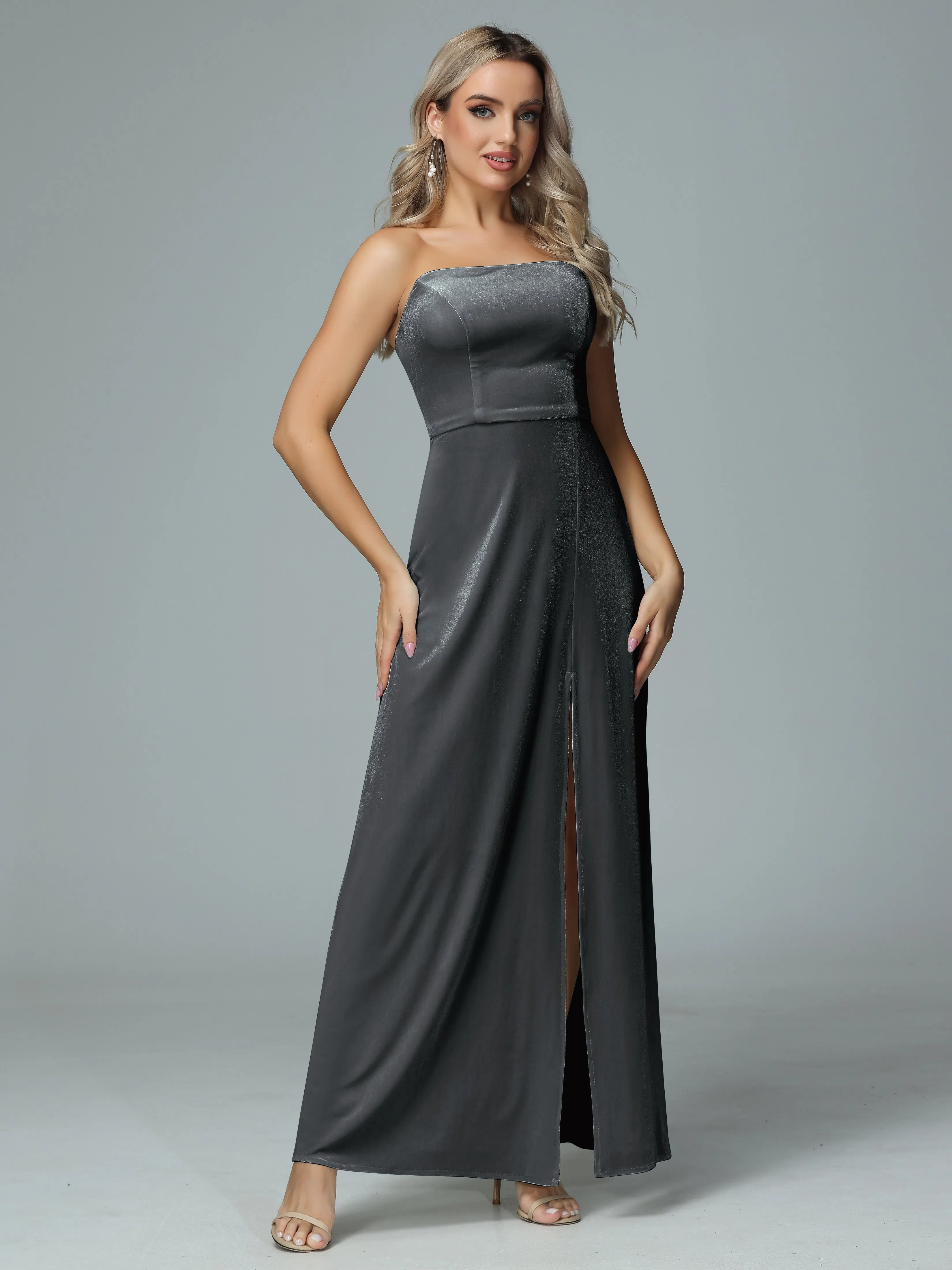 Elegant Strapless Velvet Bridesmaid Dresses with Slit