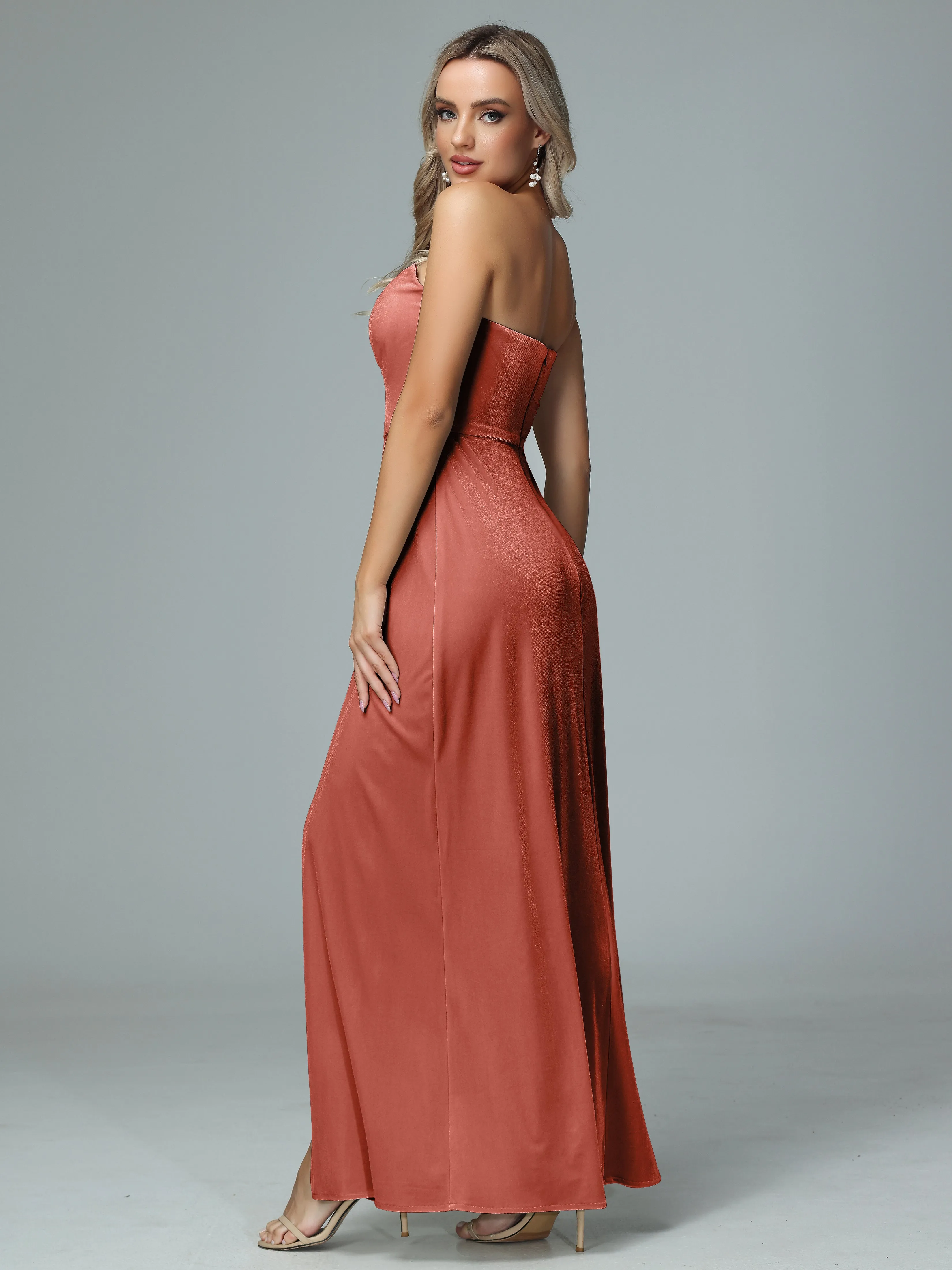 Elegant Strapless Velvet Bridesmaid Dresses with Slit