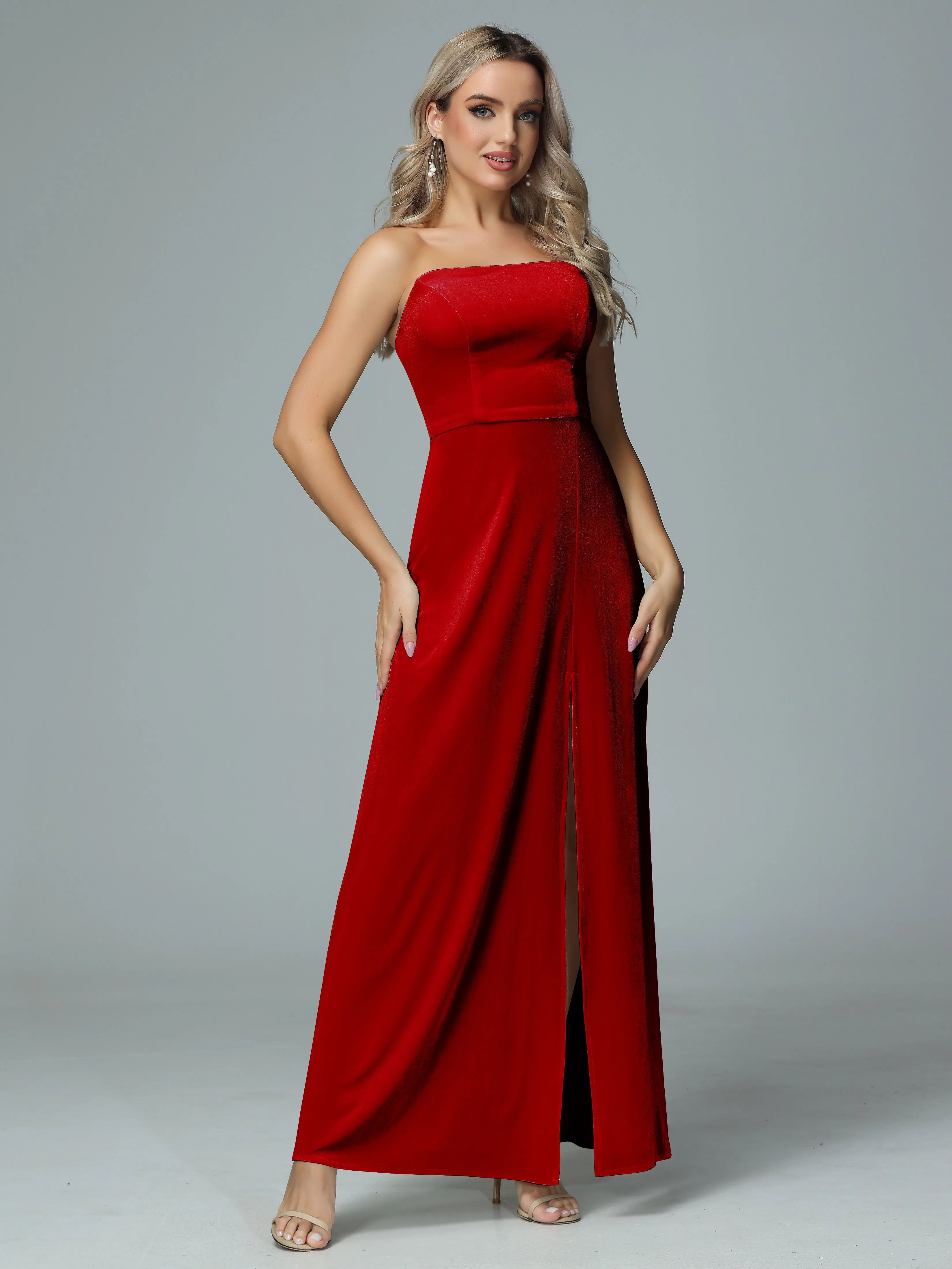 Elegant Strapless Velvet Bridesmaid Dresses with Slit