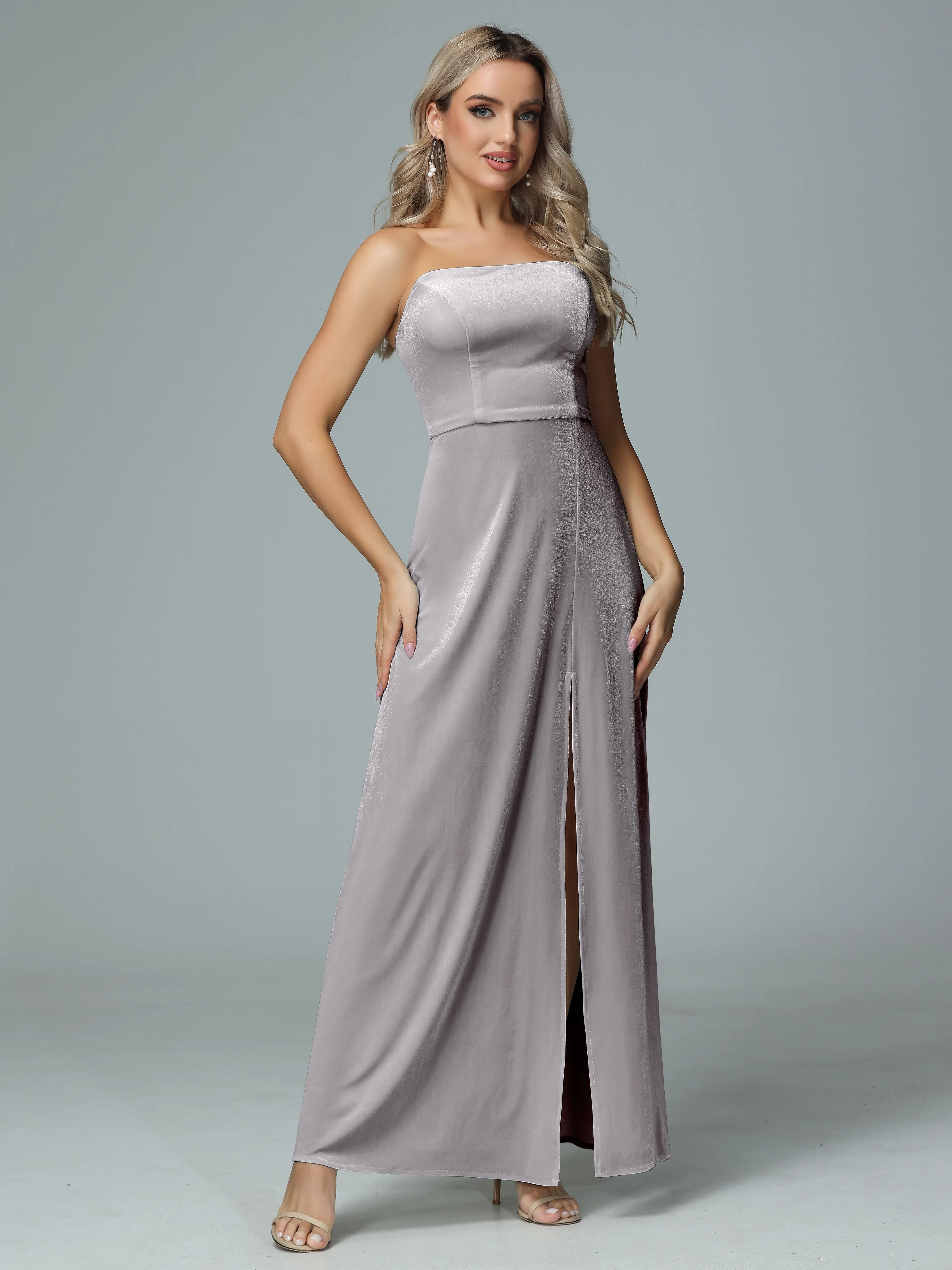 Elegant Strapless Velvet Bridesmaid Dresses with Slit