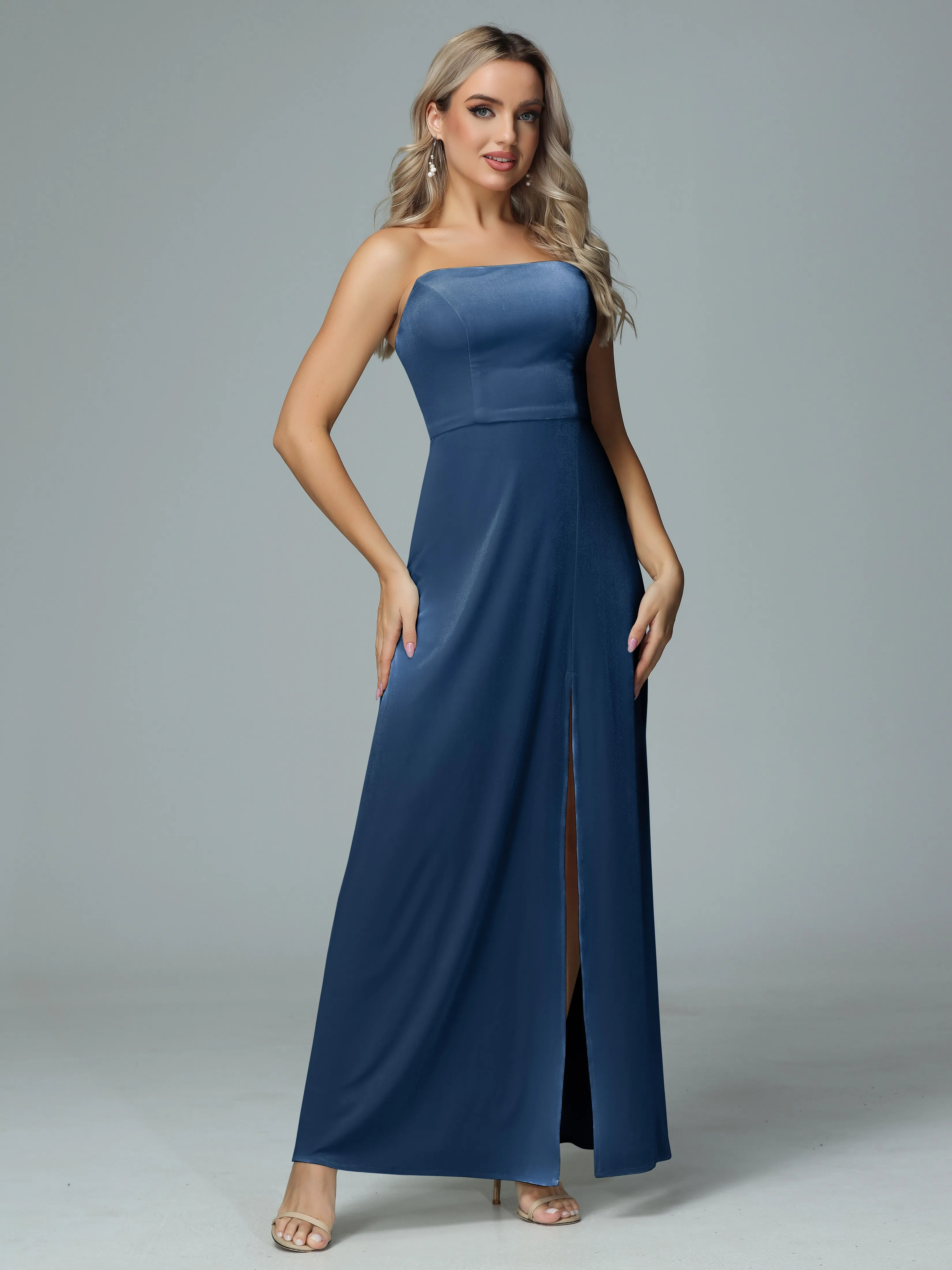 Elegant Strapless Velvet Bridesmaid Dresses with Slit