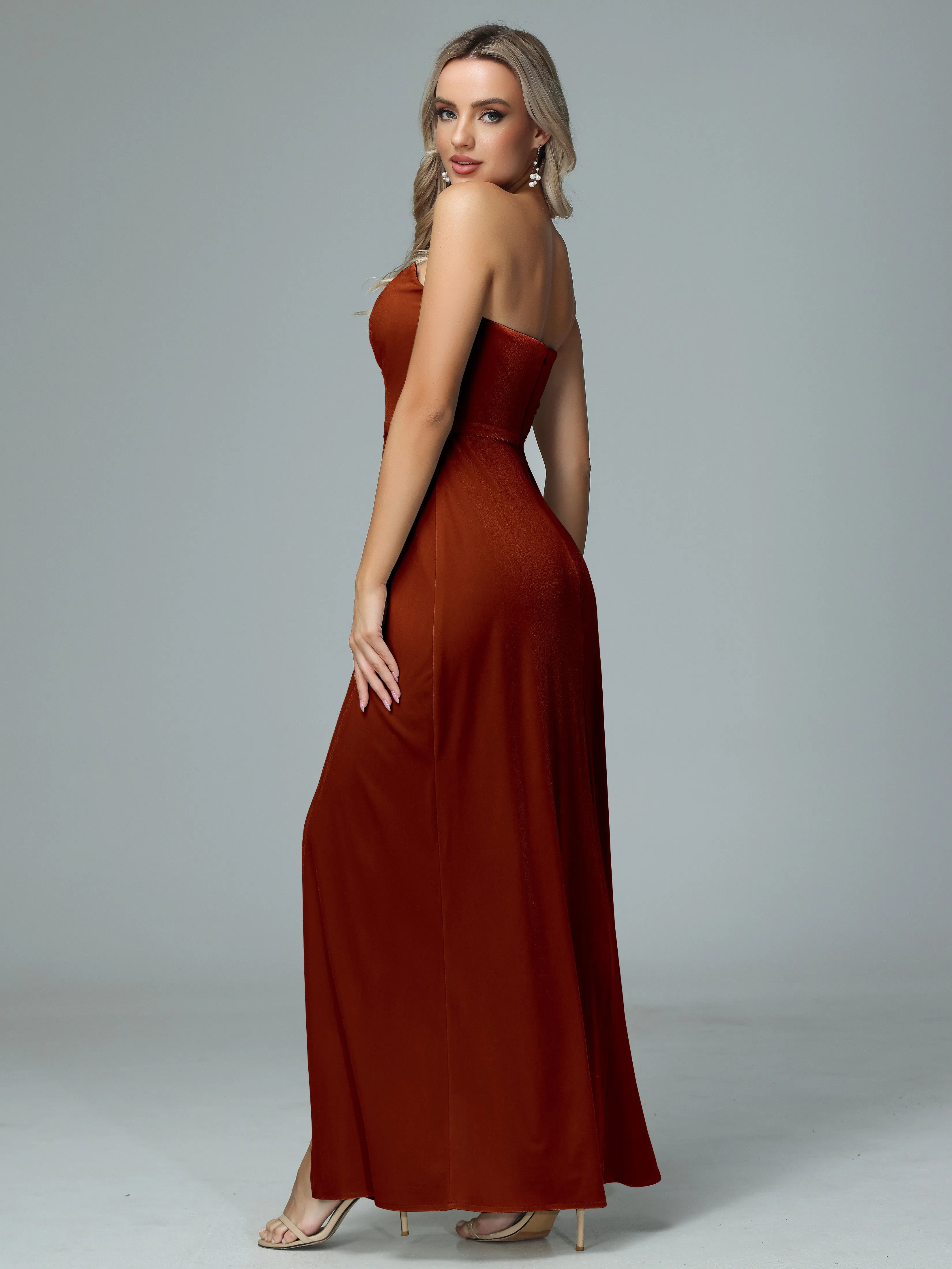 Elegant Strapless Velvet Bridesmaid Dresses with Slit