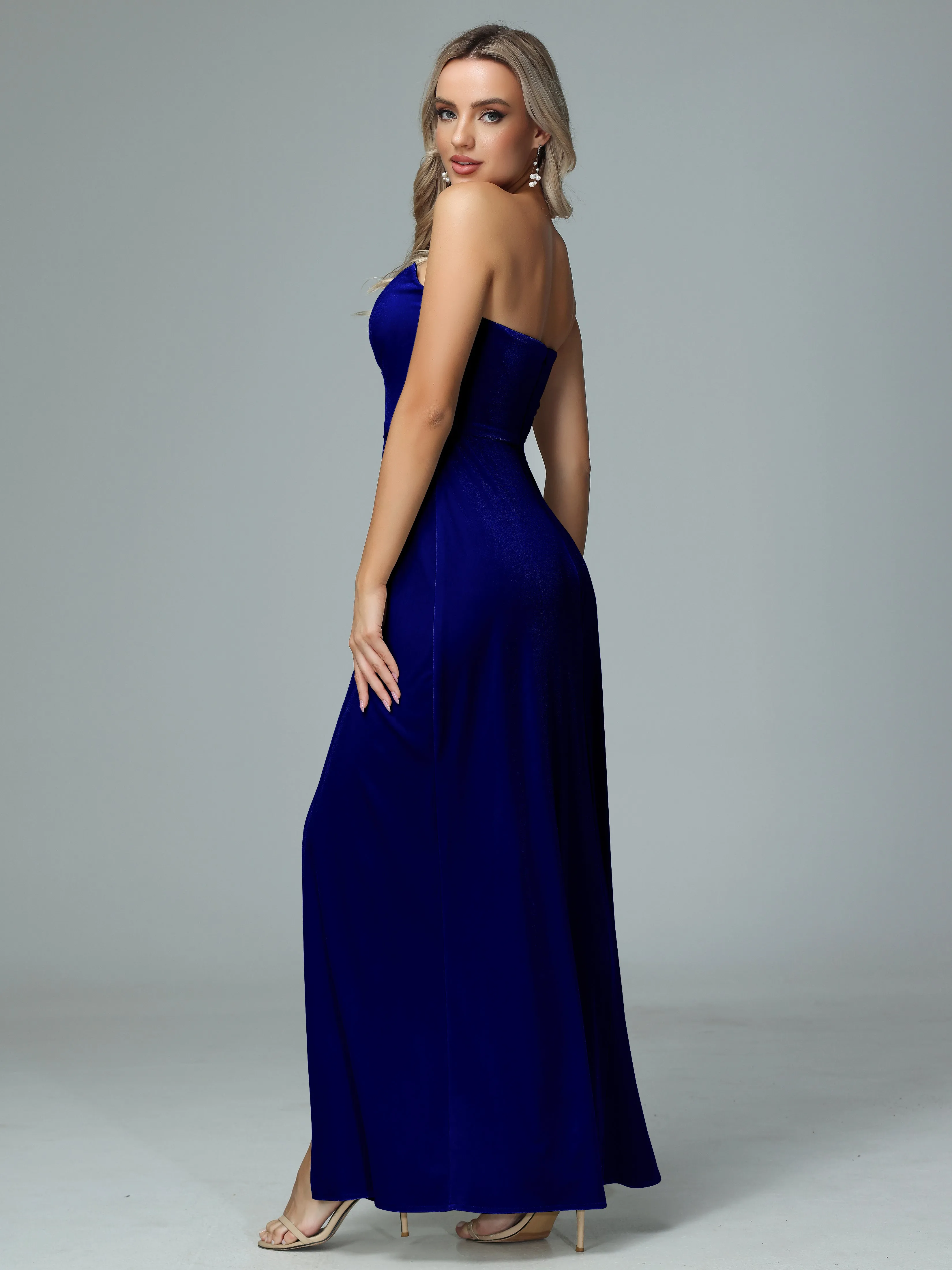 Elegant Strapless Velvet Bridesmaid Dresses with Slit