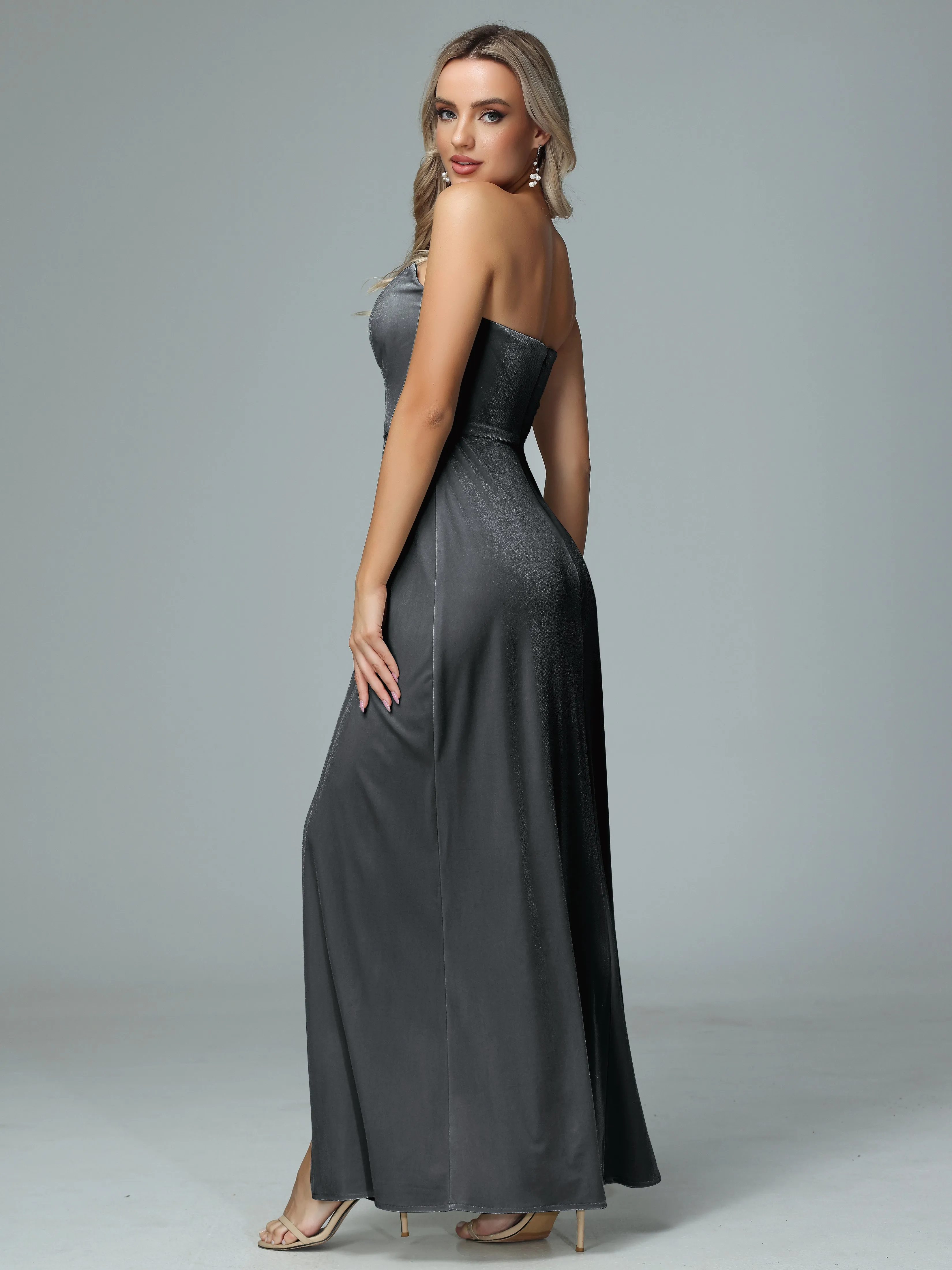 Elegant Strapless Velvet Bridesmaid Dresses with Slit