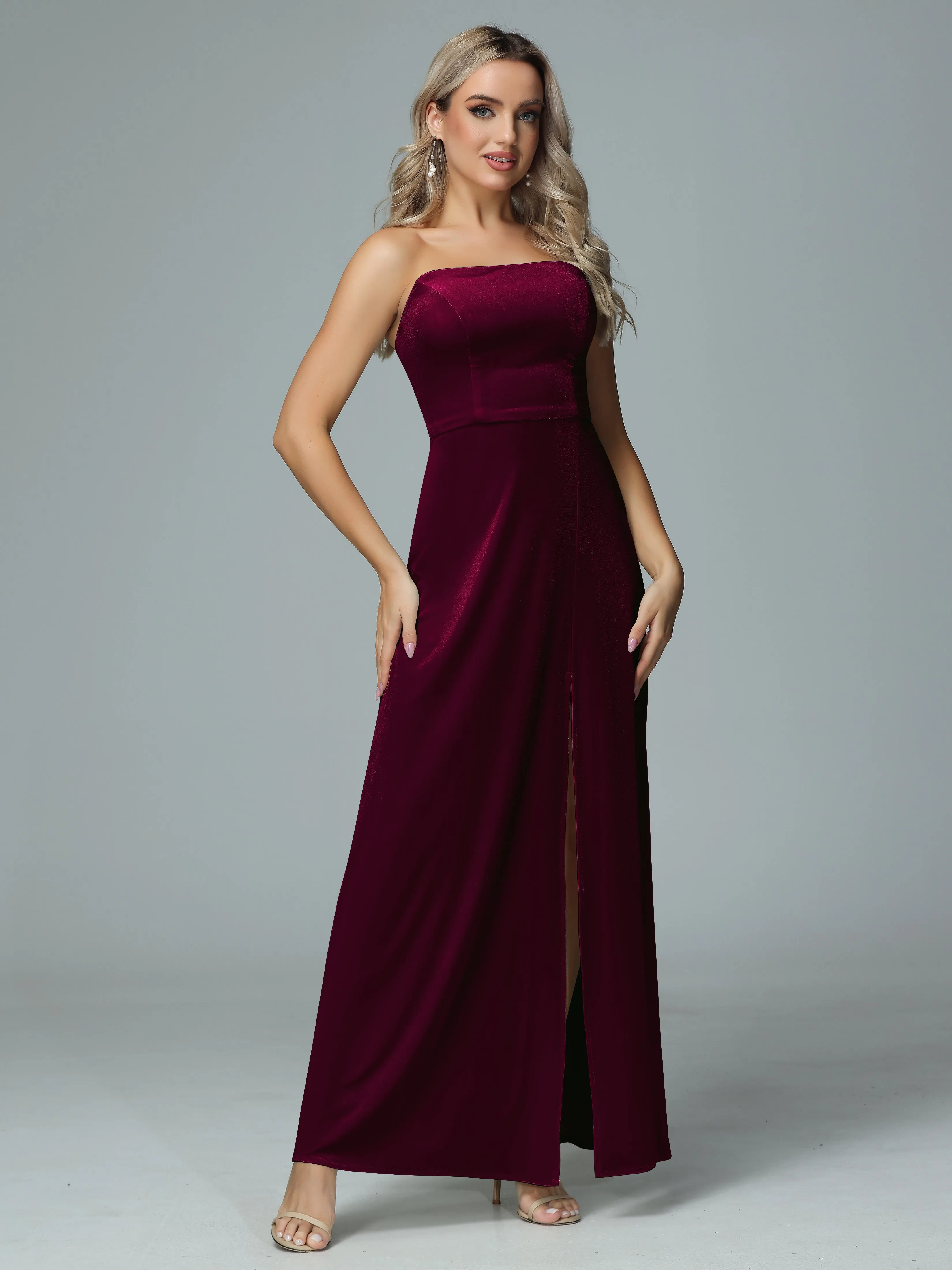 Elegant Strapless Velvet Bridesmaid Dresses with Slit