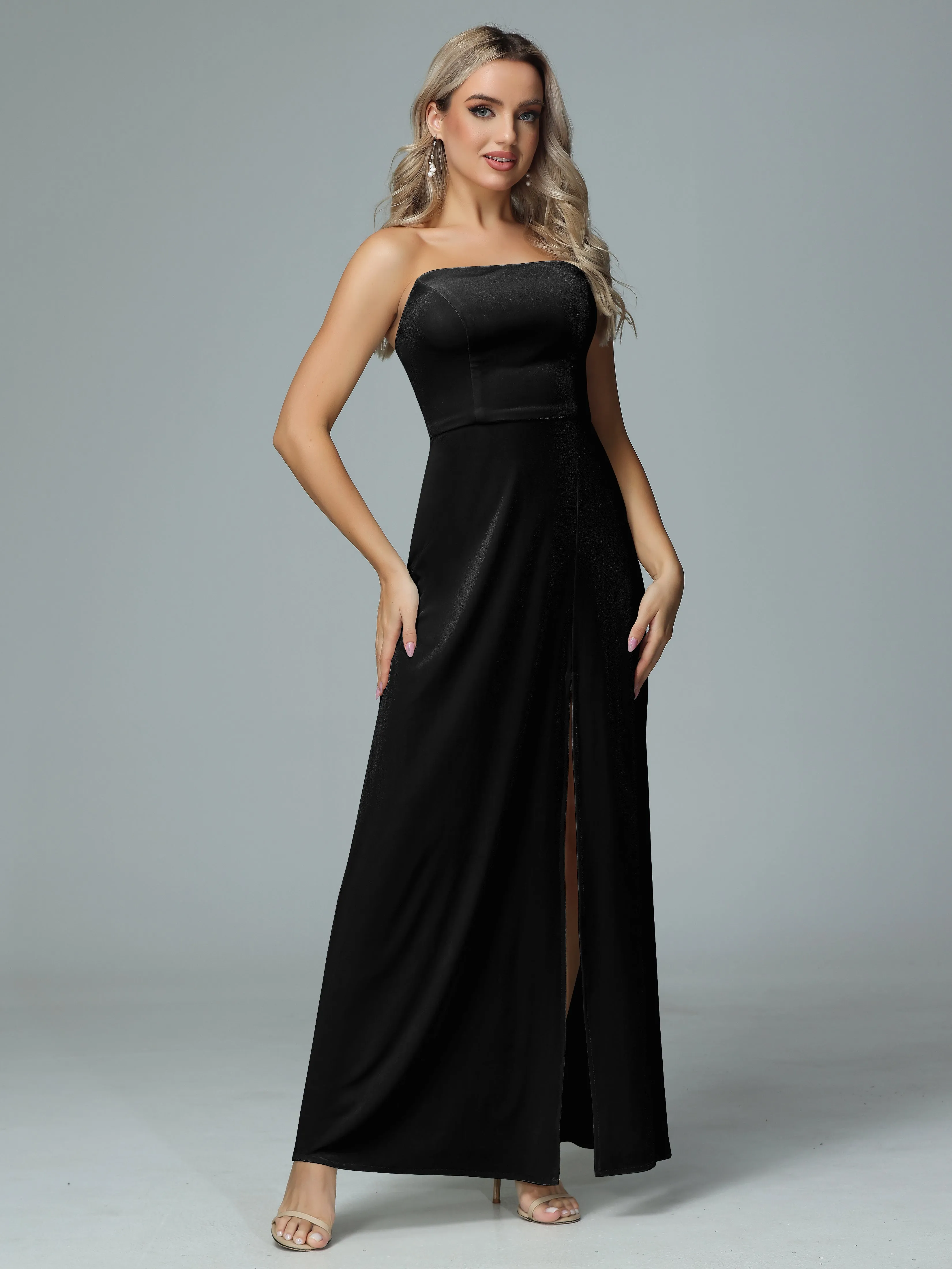 Elegant Strapless Velvet Bridesmaid Dresses with Slit