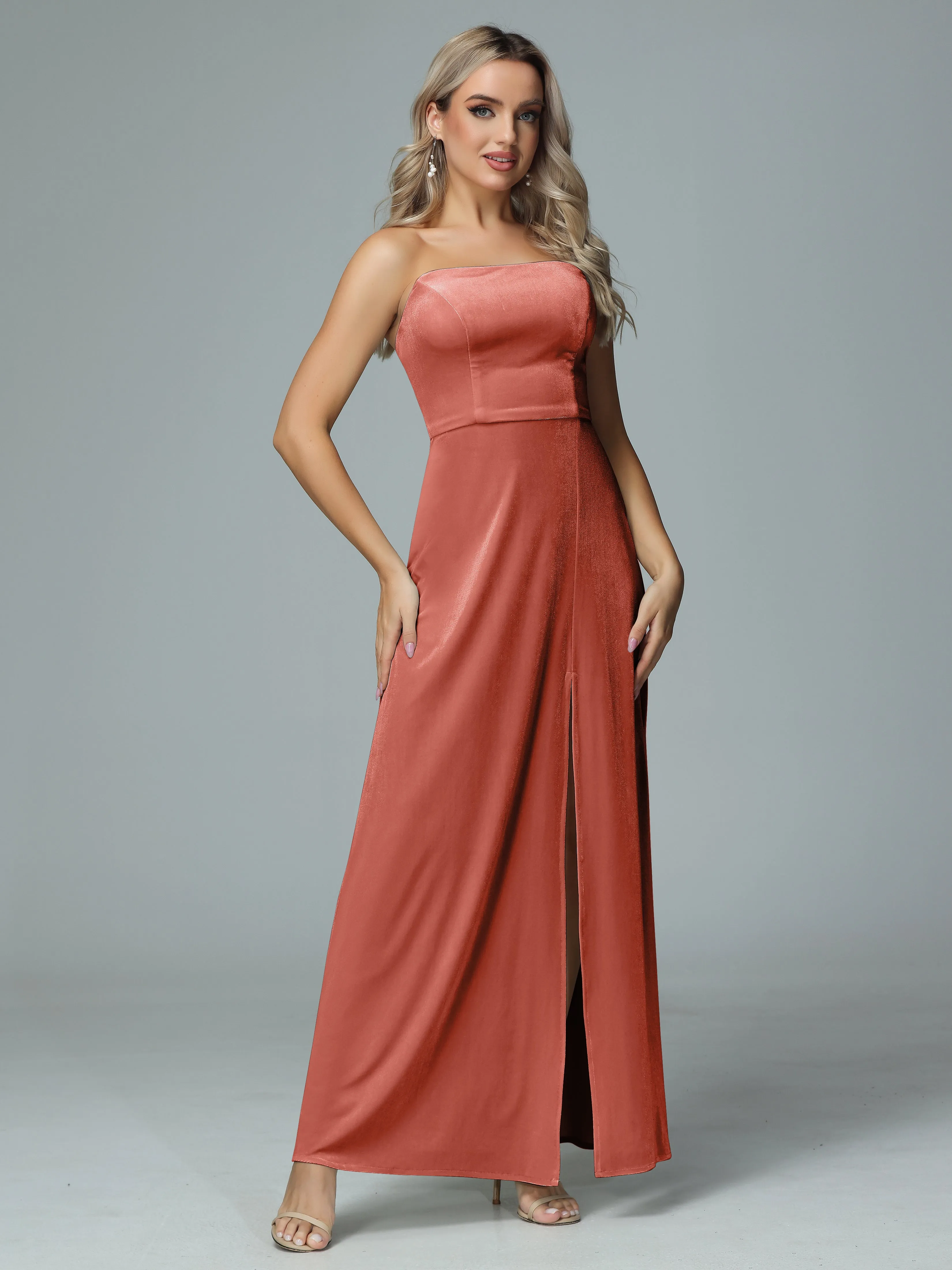 Elegant Strapless Velvet Bridesmaid Dresses with Slit