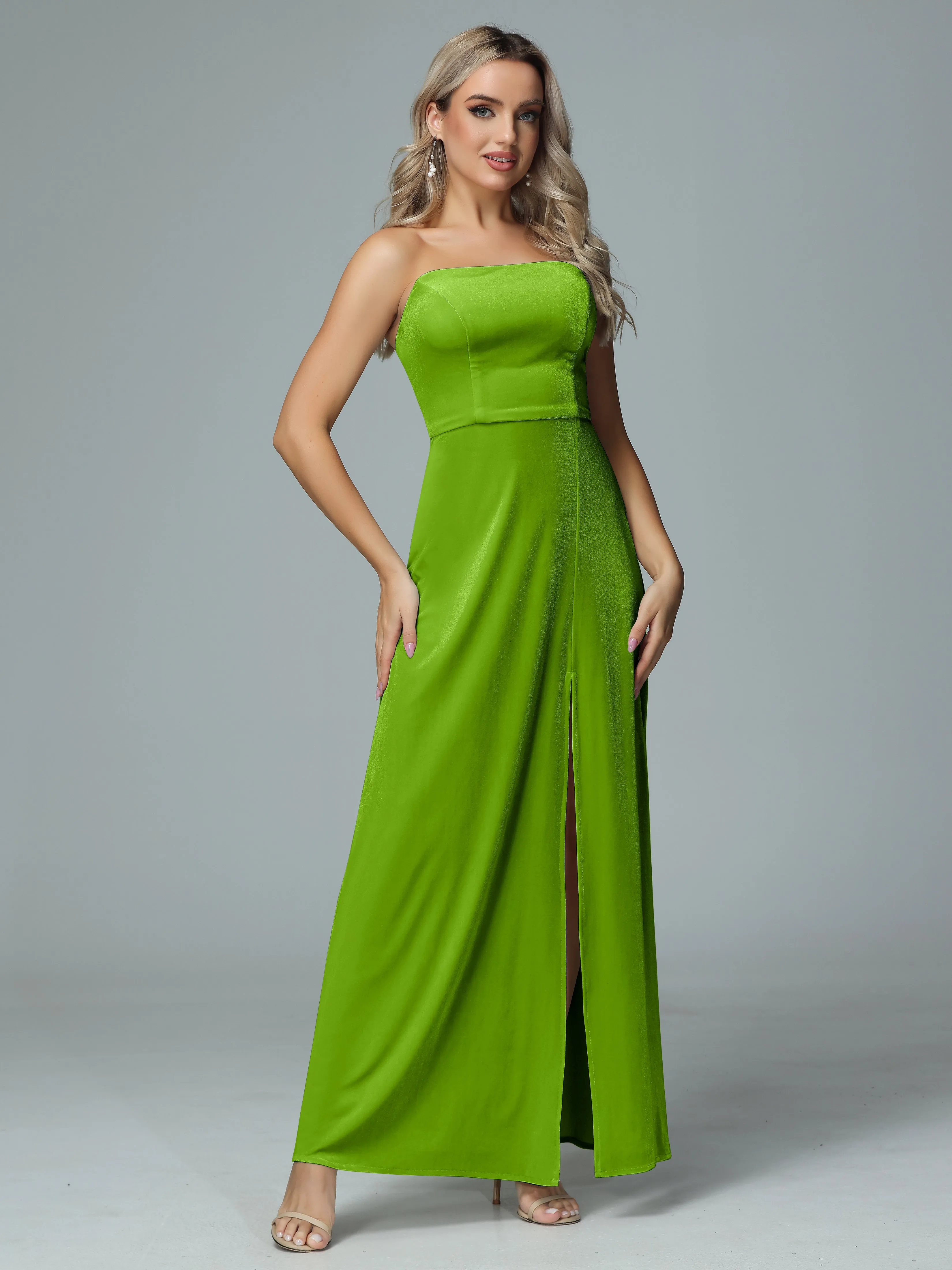 Elegant Strapless Velvet Bridesmaid Dresses with Slit