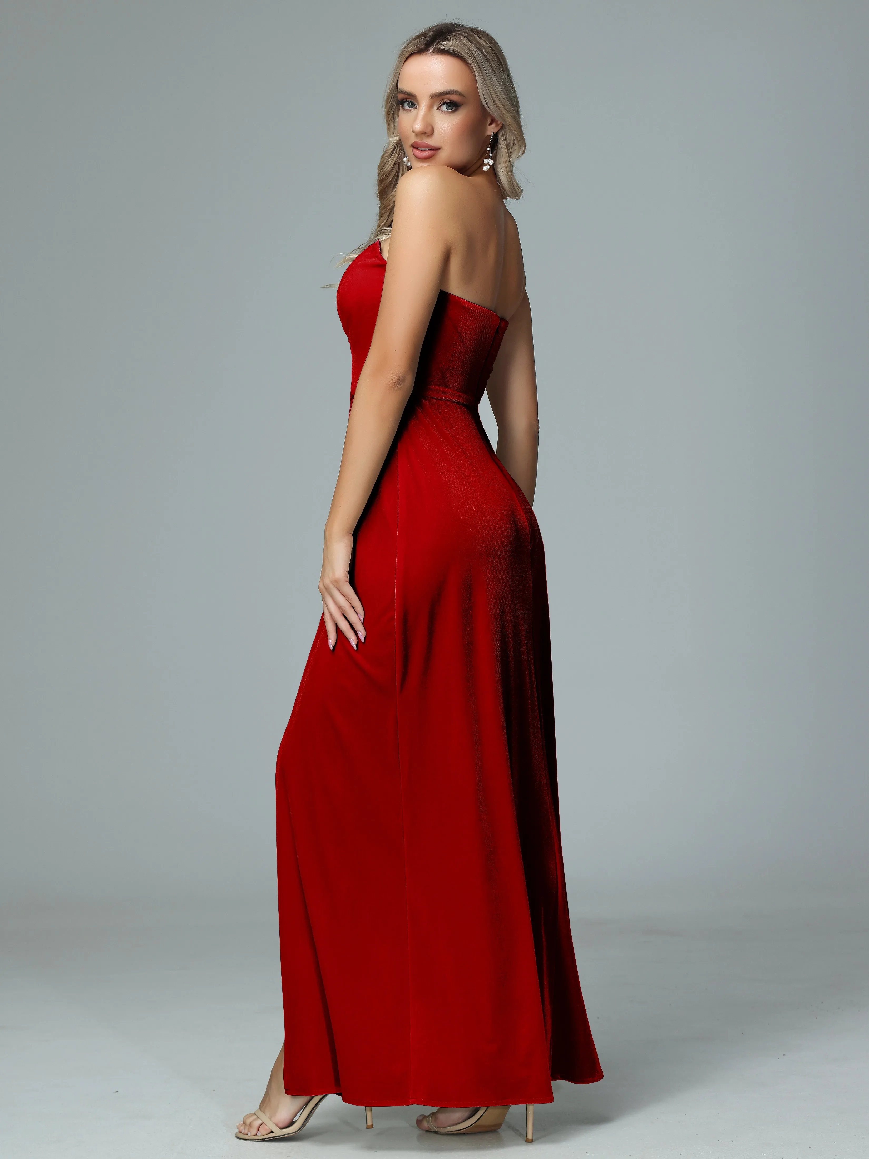 Elegant Strapless Velvet Bridesmaid Dresses with Slit