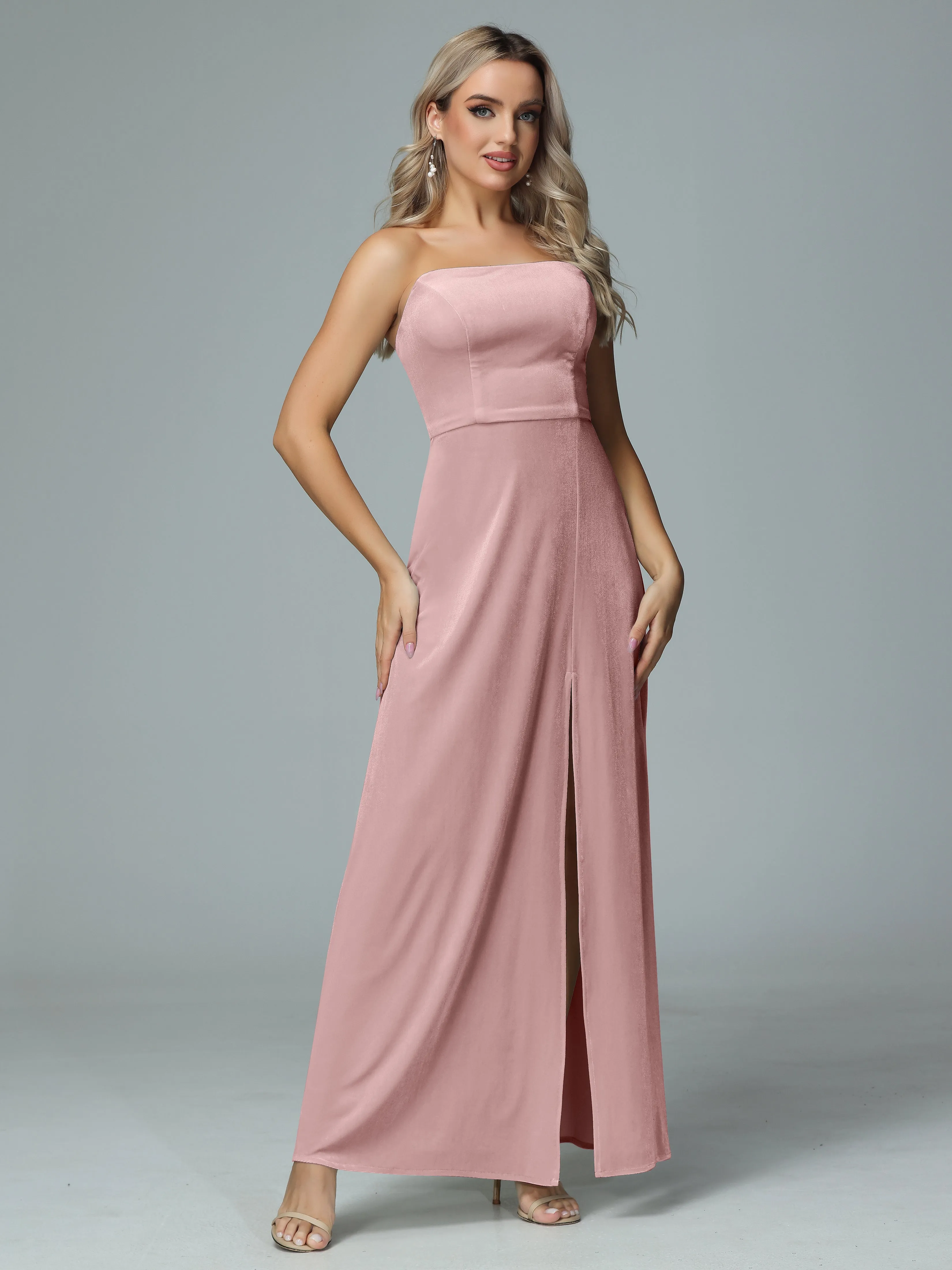 Elegant Strapless Velvet Bridesmaid Dresses with Slit