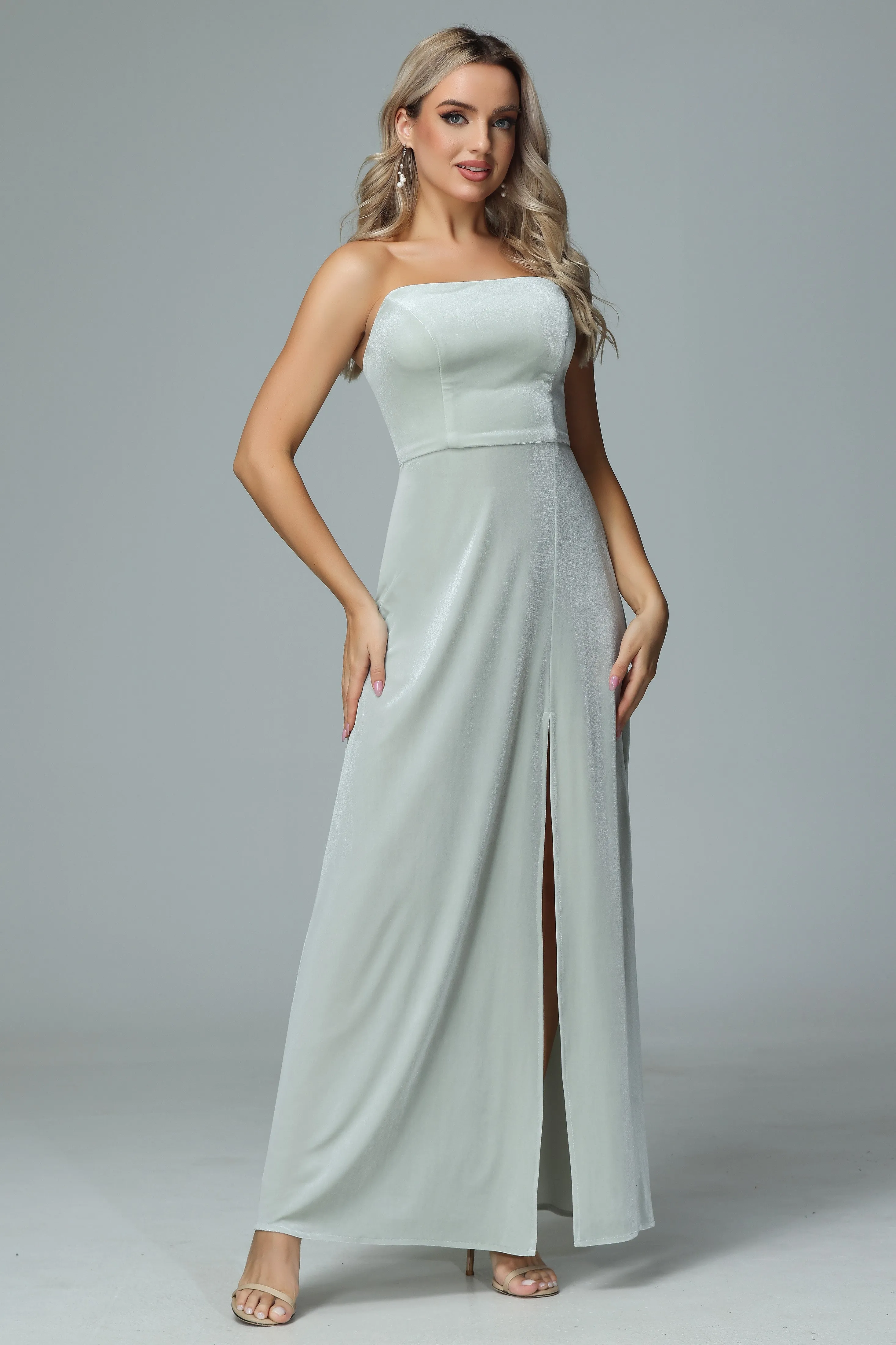 Elegant Strapless Velvet Bridesmaid Dresses with Slit