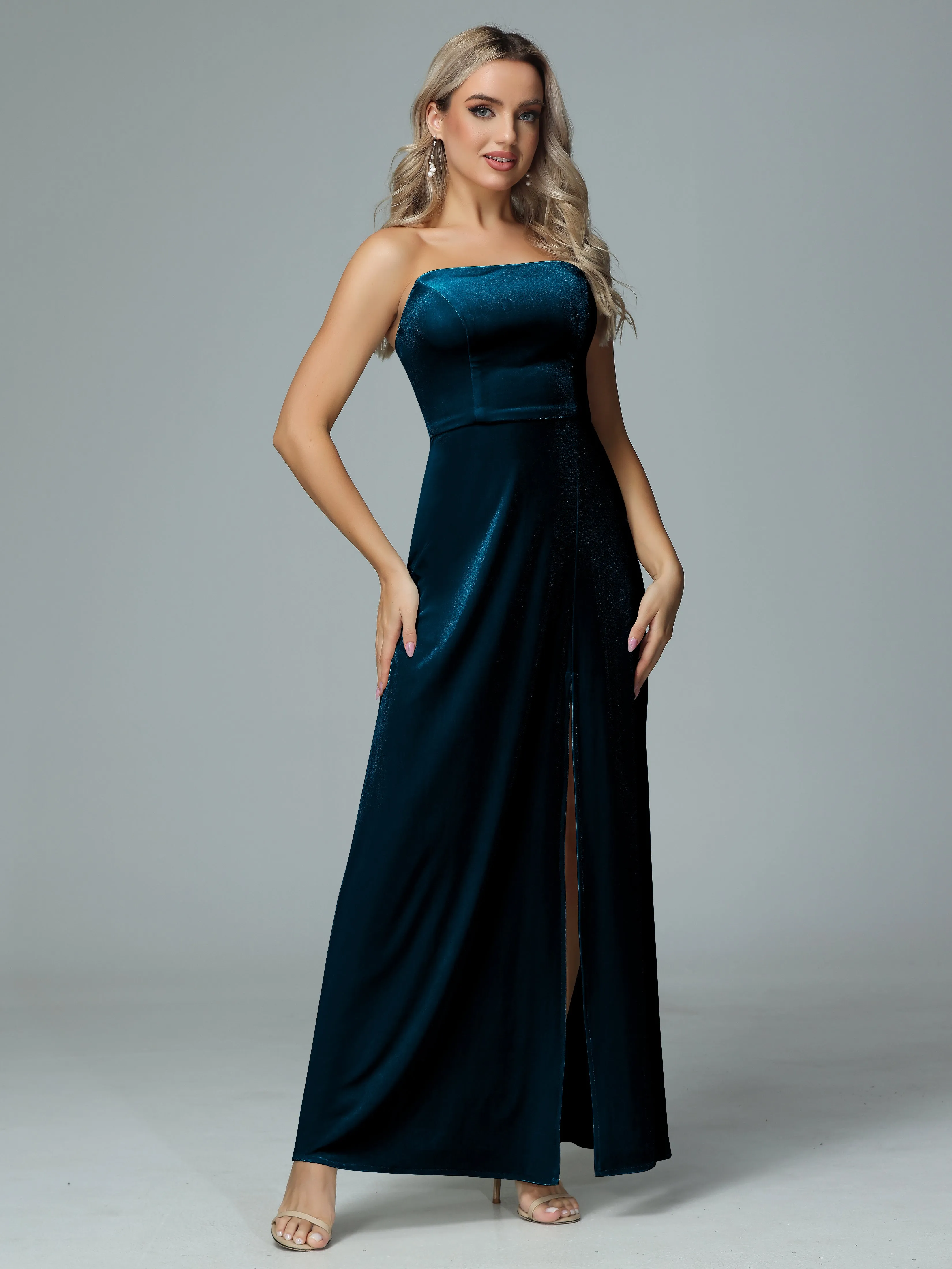 Elegant Strapless Velvet Bridesmaid Dresses with Slit