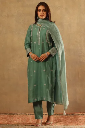 Embroidered Turquoise Blue Katan Silk Kurta Set