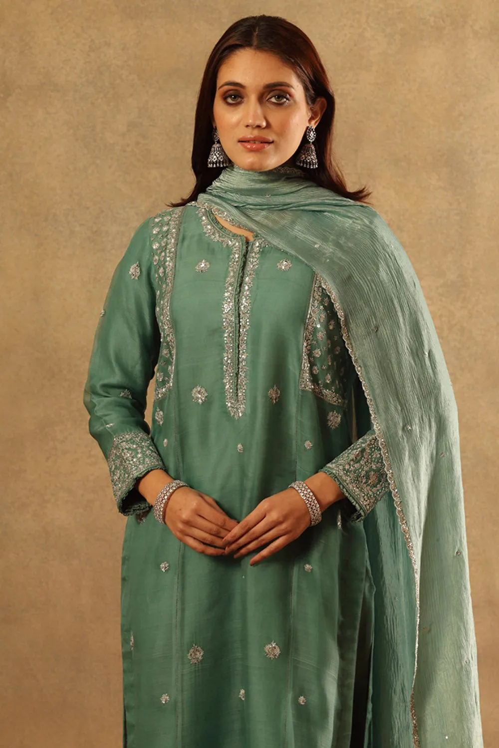 Embroidered Turquoise Blue Katan Silk Kurta Set