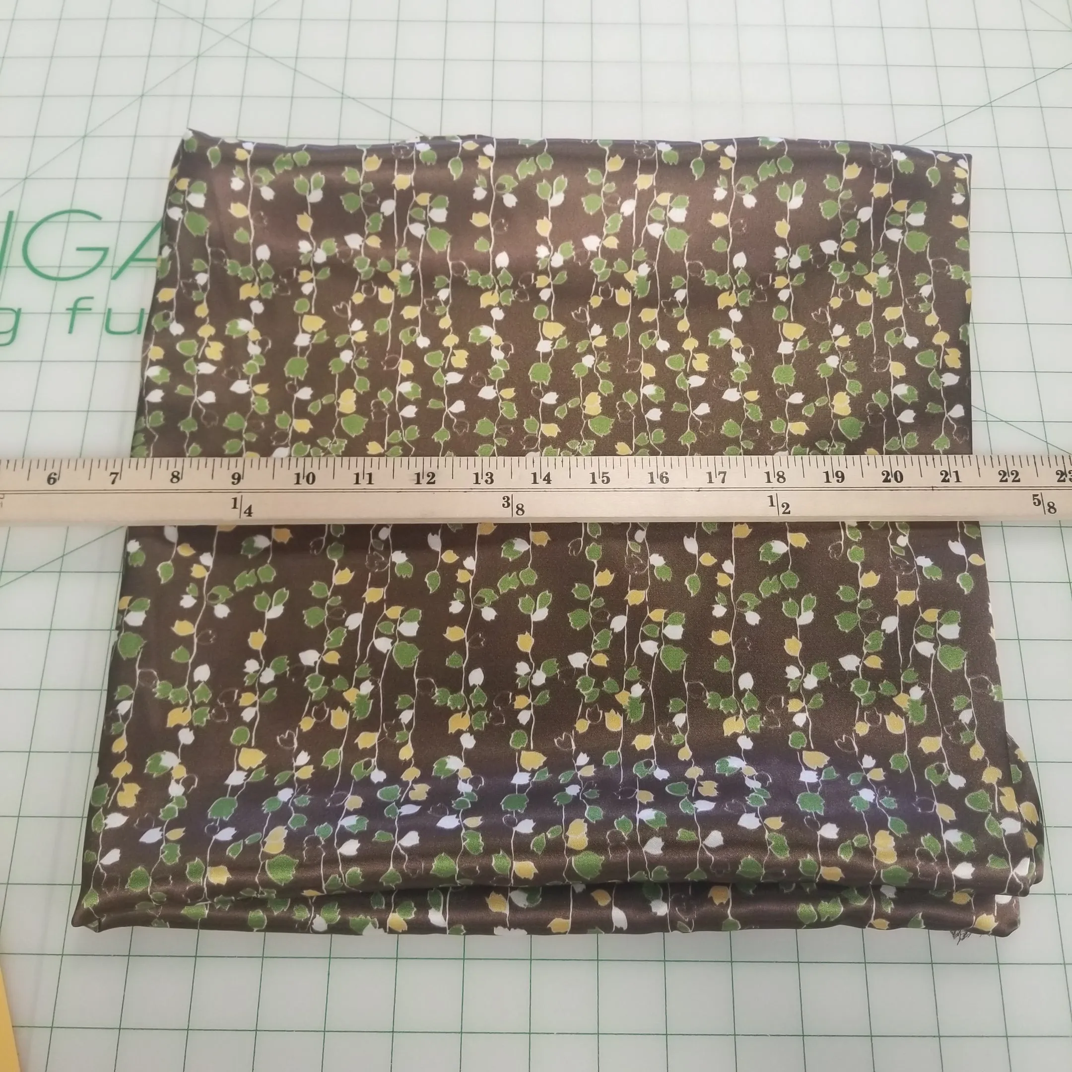 End of Bolt: 2.5 yards of Brown Vine Florals Satin Charmeuse Woven- Remnant