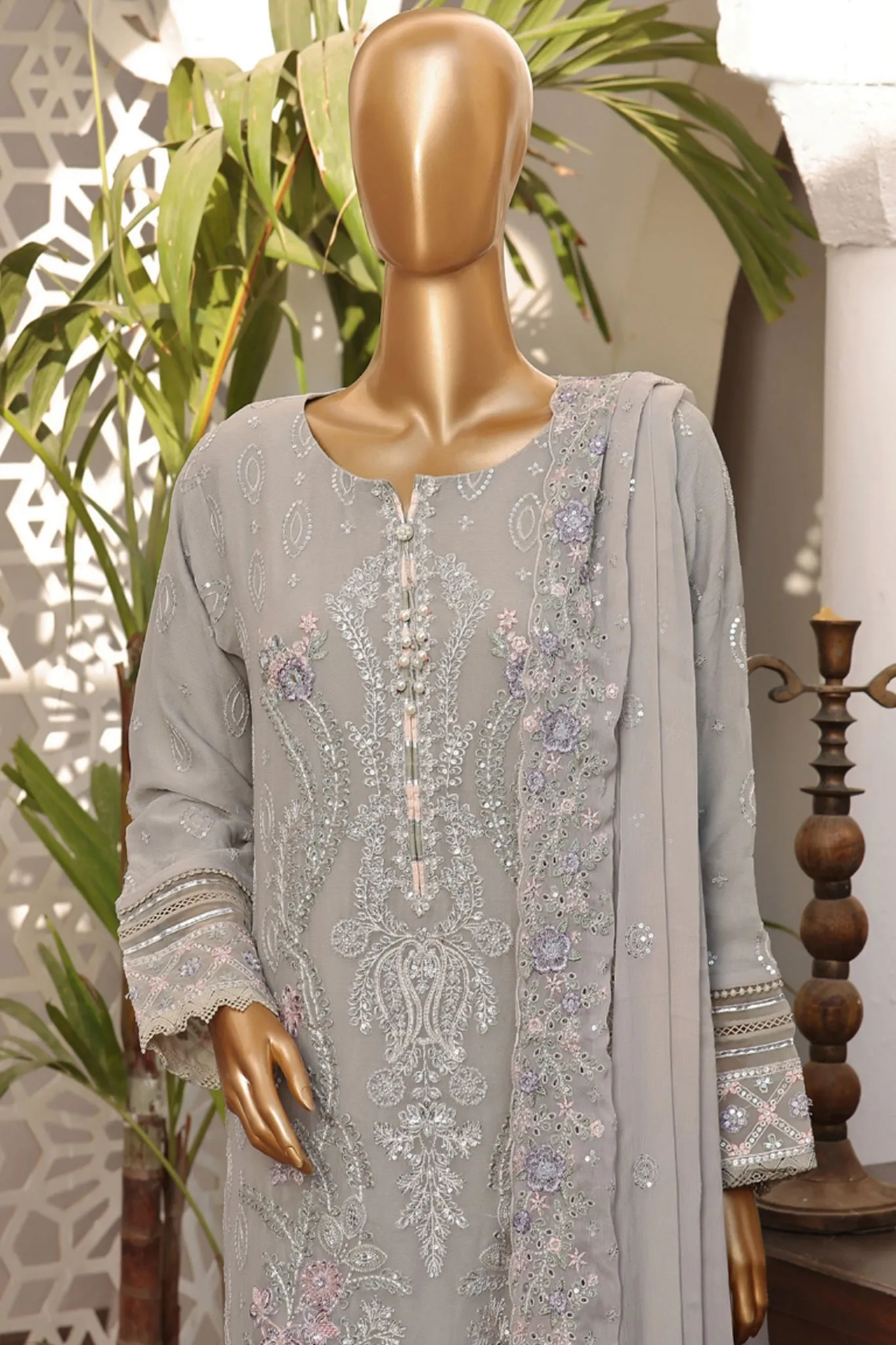 Fasaane By HZ Stitched 3 Piece Formals Chiffon Vol-03 Collection'2024-HZK-164-Grey