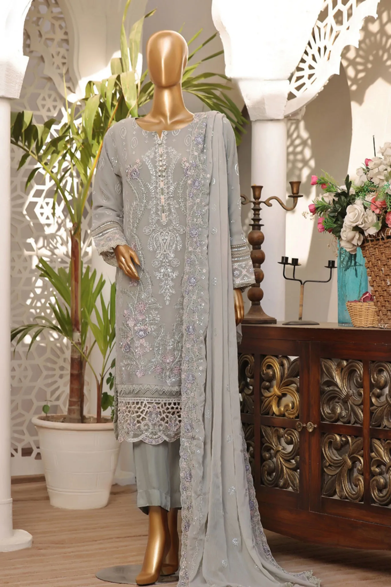 Fasaane By HZ Stitched 3 Piece Formals Chiffon Vol-03 Collection'2024-HZK-164-Grey