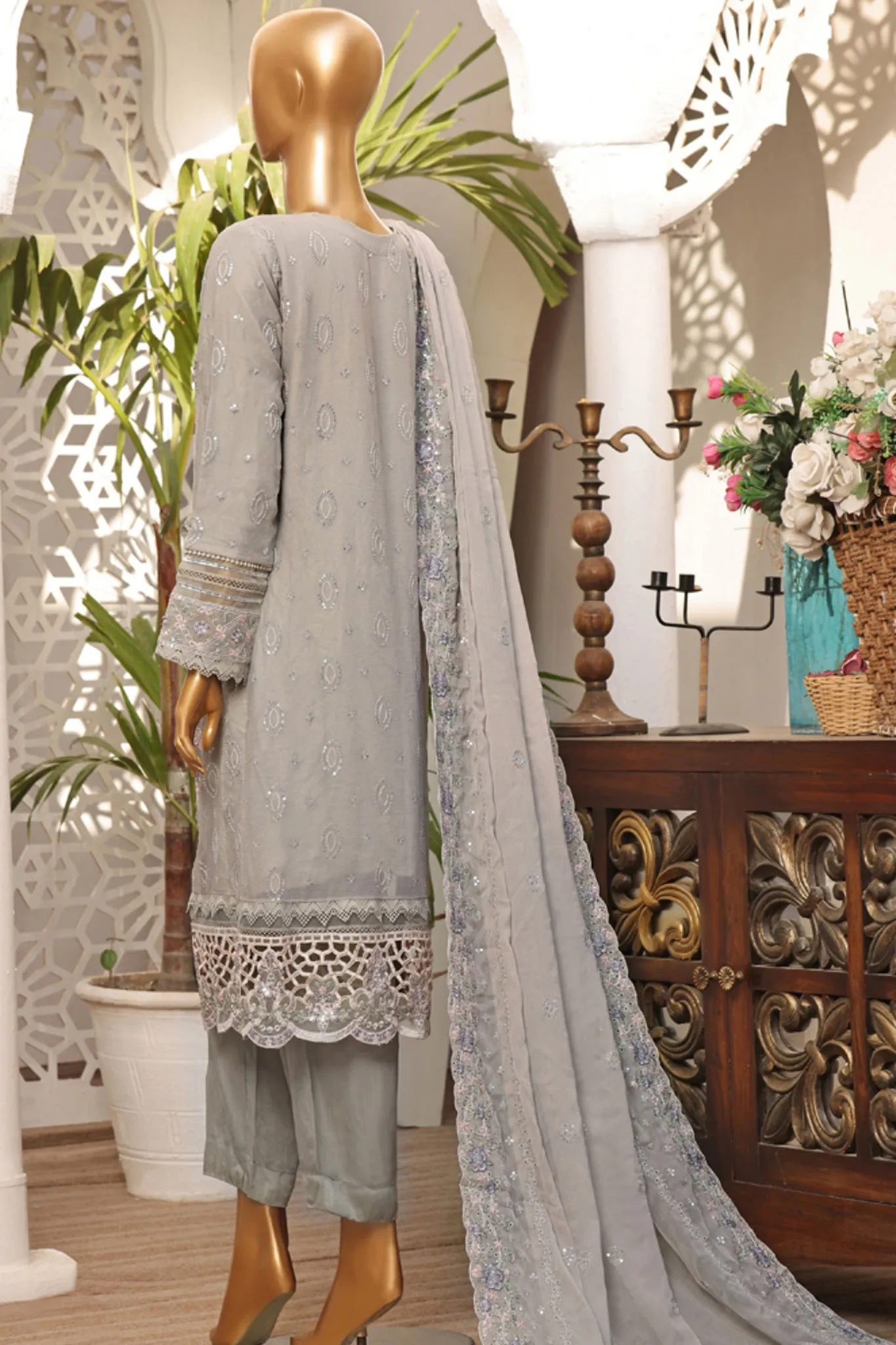 Fasaane By HZ Stitched 3 Piece Formals Chiffon Vol-03 Collection'2024-HZK-164-Grey