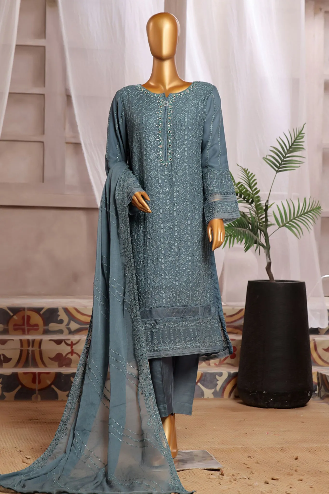 Fasaane By HZ Stitched 3 Piece Formals Chiffon Vol-06 Collection'2024-HZK-185-Teal