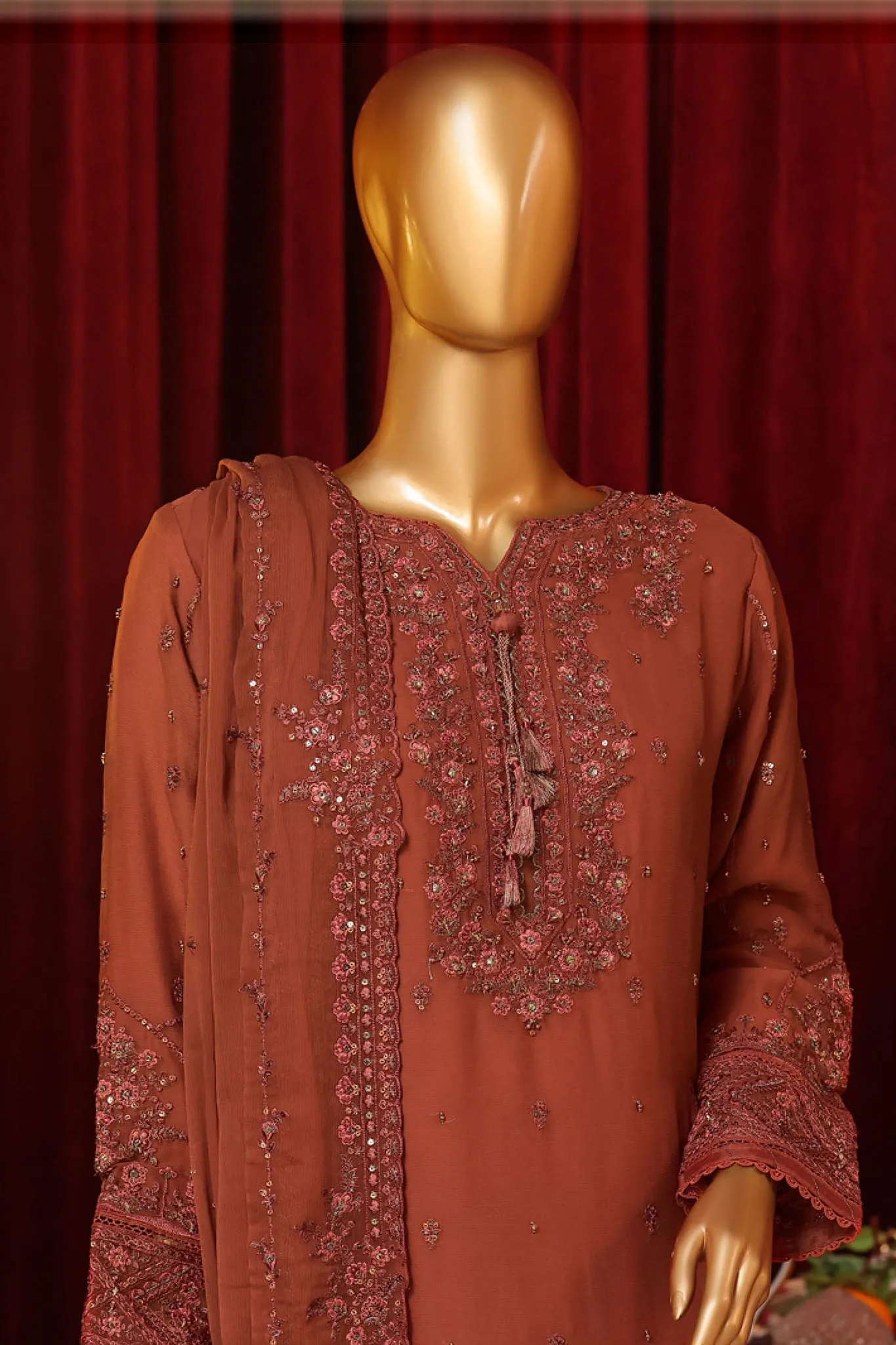 Fasaane By HZ Stitched 3 Piece Formals Chiffon Vol-07 Collection'2024-HZK-189-Rust