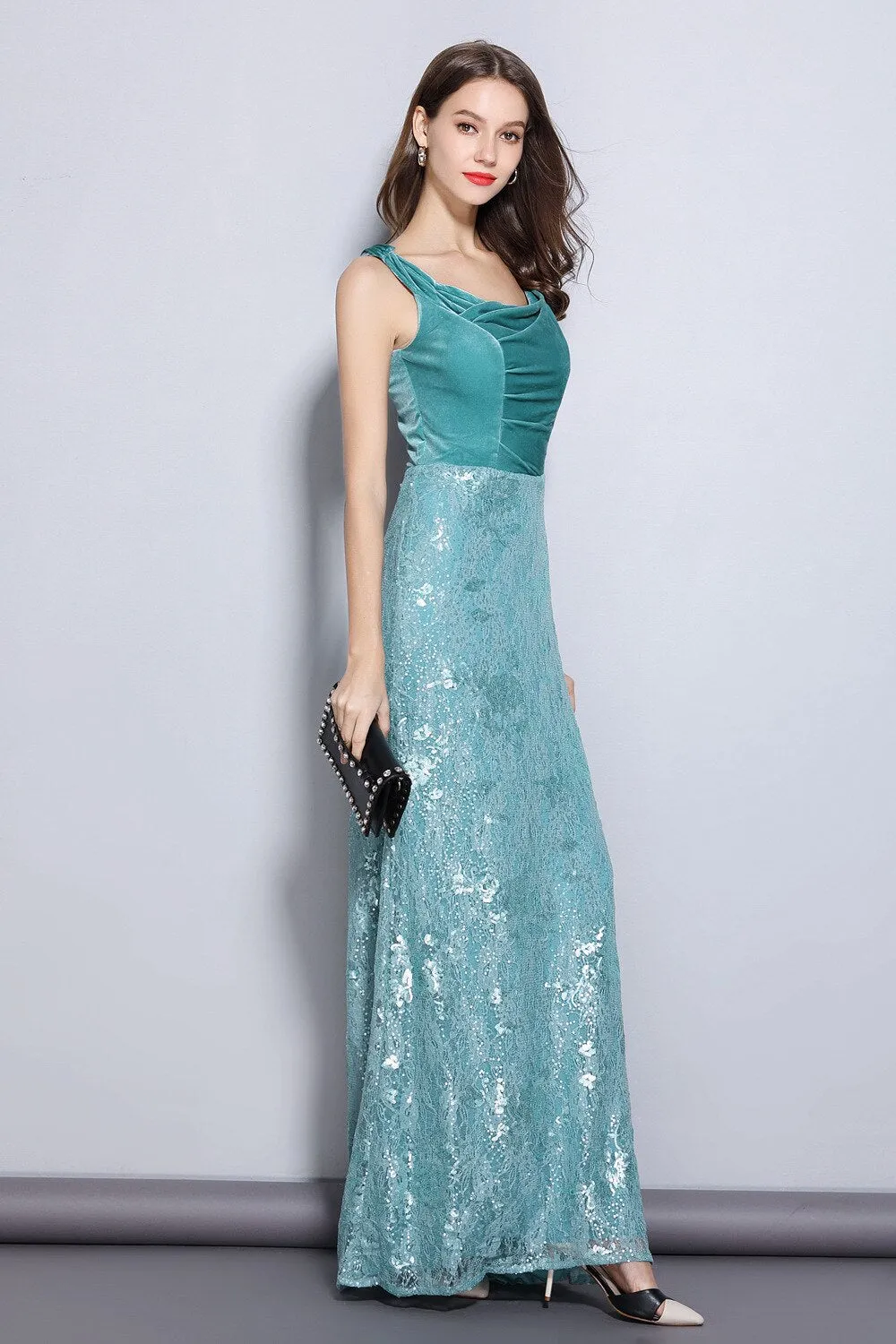 FashionSierra - Lace Velvet Patchwork Elegant Maxi Long Designer Dresses