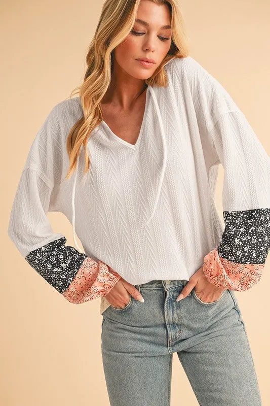 Floral Patchwork Textured Drawstring V Neck Top