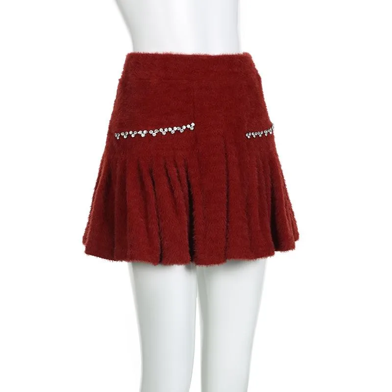 Fluffy beaded pleated mini skirt