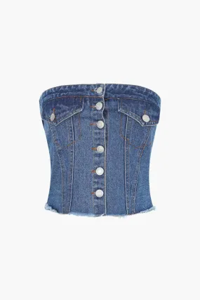 Frayed Hem Denim Strapless Top