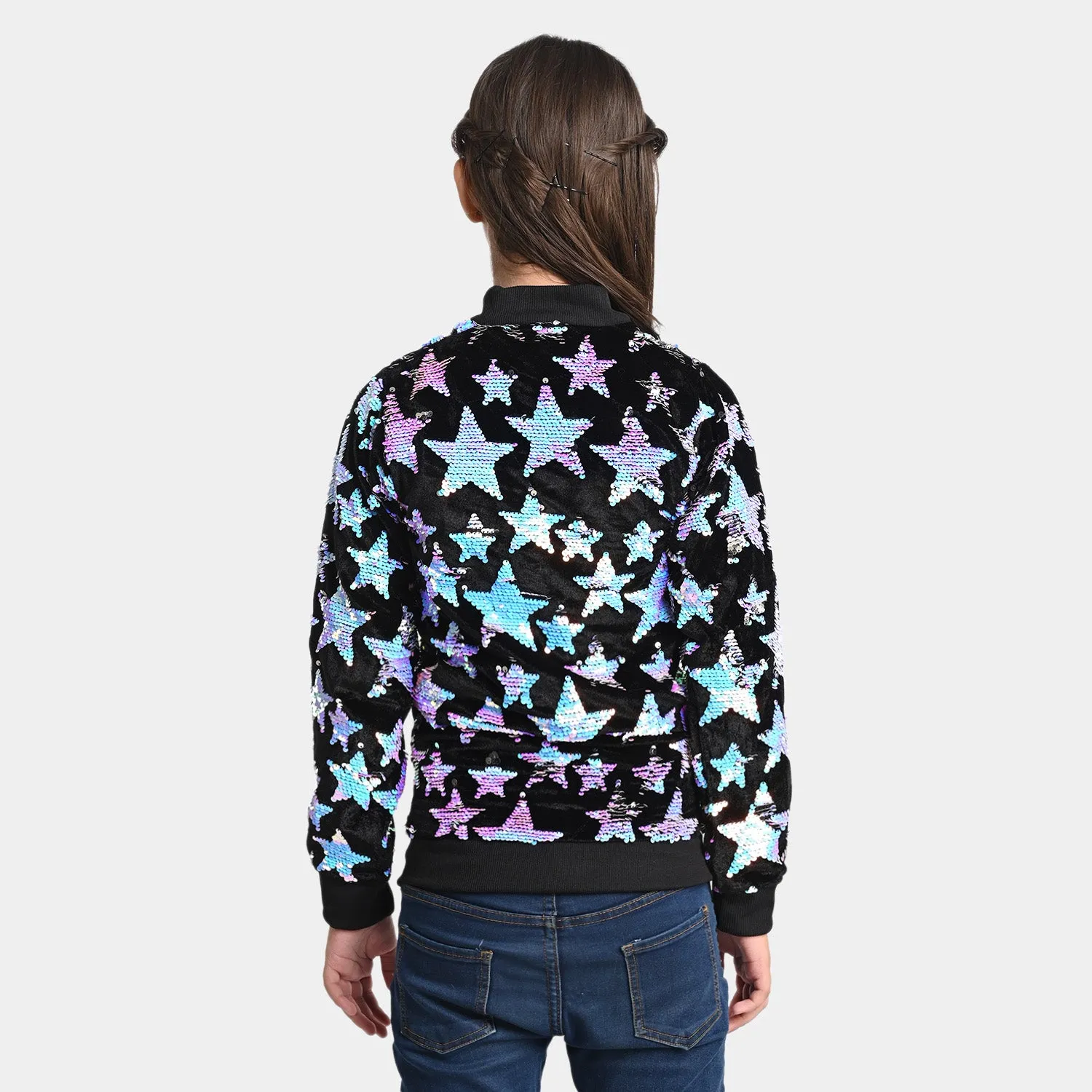 Girls Fleece Jacket Sequins B/S -BLACK